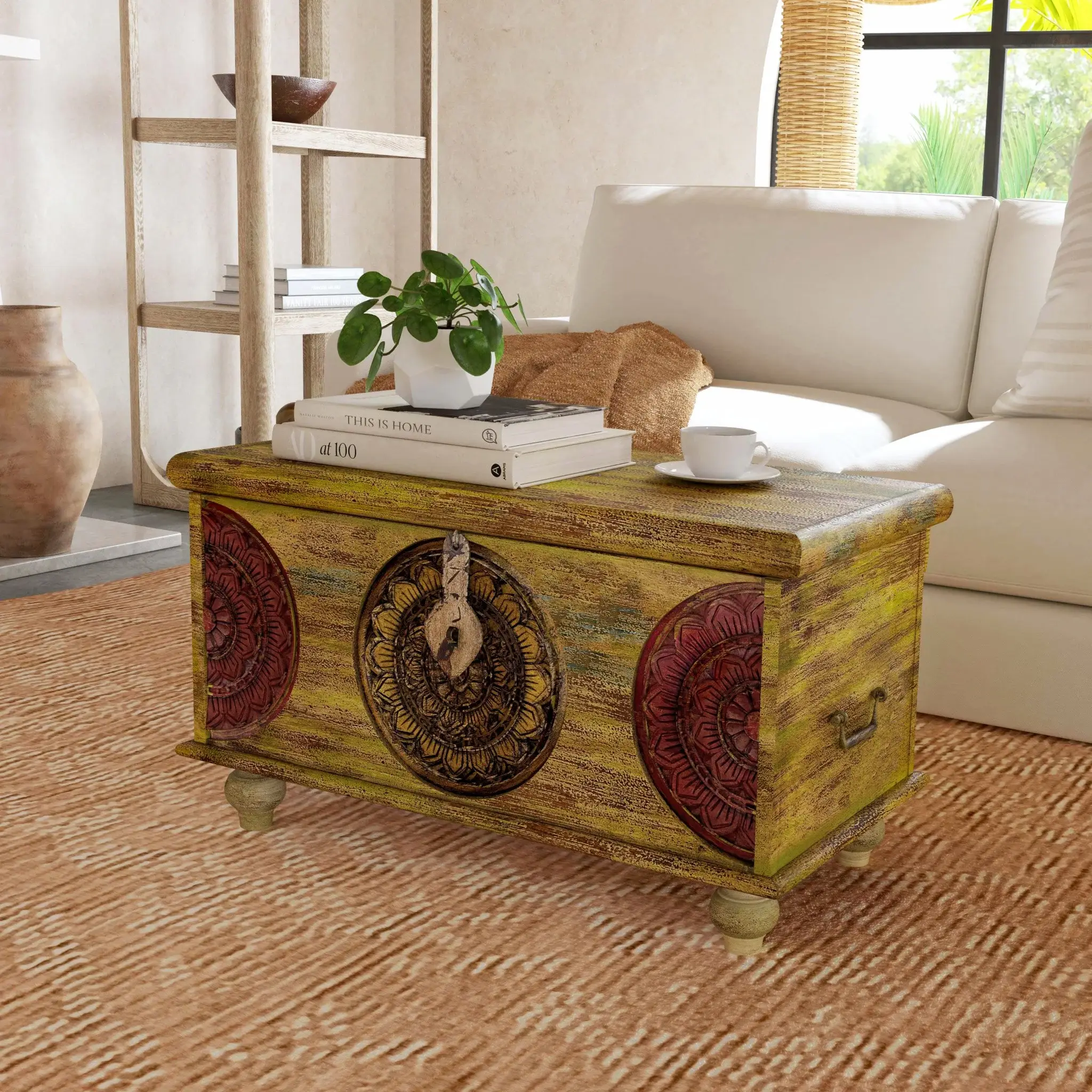 Mesa Carved Wooden Trunk Coffee Table - Image 8