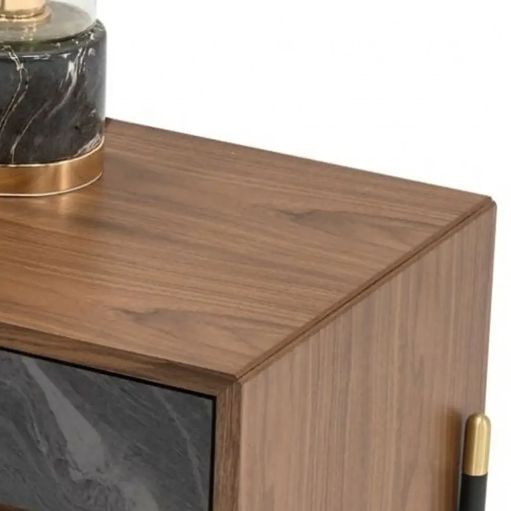 Mid Century Walnut and Gray Faux Marble Two Drawer Nightstand - Image 3