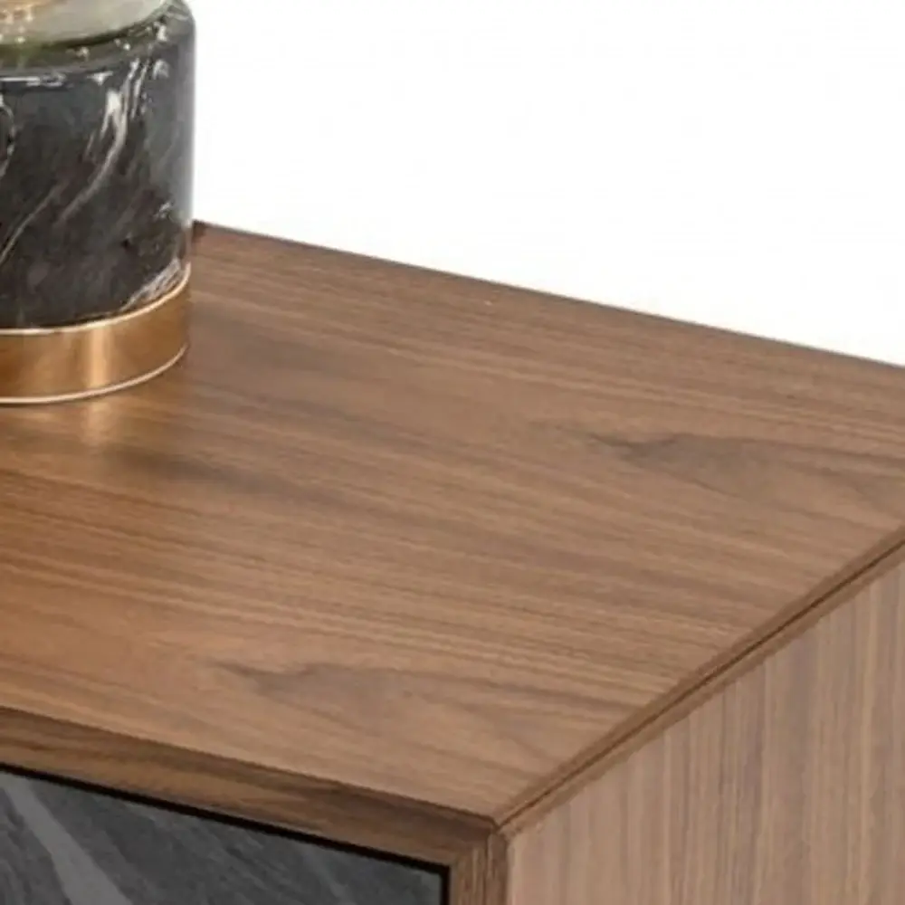 Mid Century Walnut and Gray Faux Marble Two Drawer Nightstand - Image 4