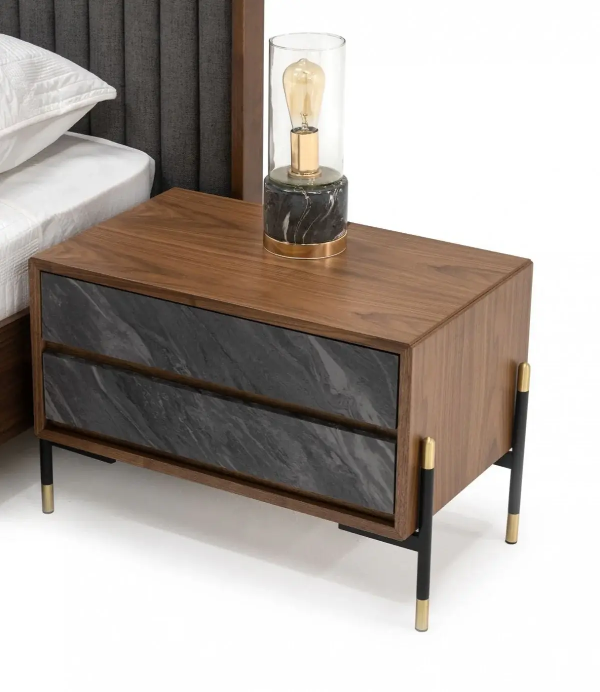 Mid Century Walnut and Gray Faux Marble Two Drawer Nightstand - Image 6