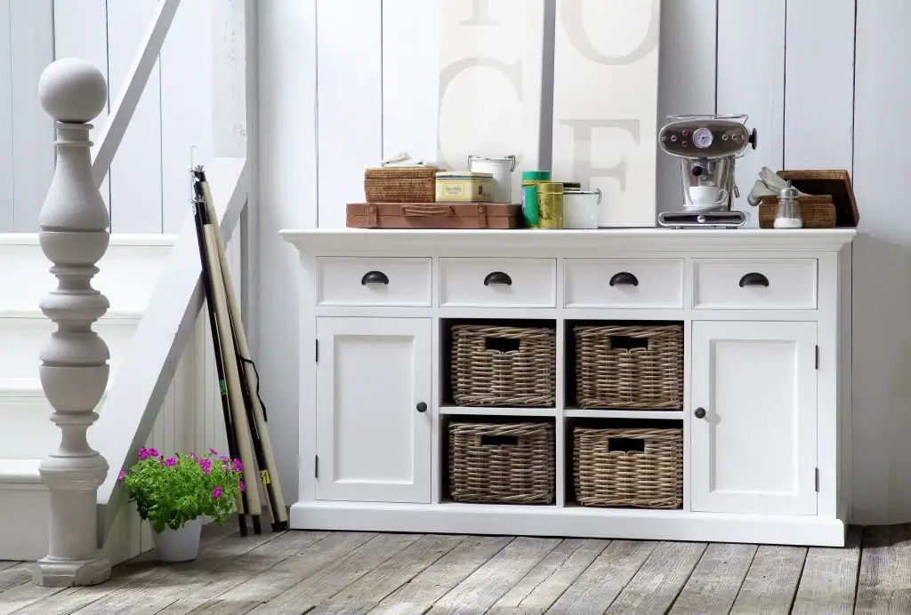Modern Farmhouse White Buffet With Baskets - Image 9