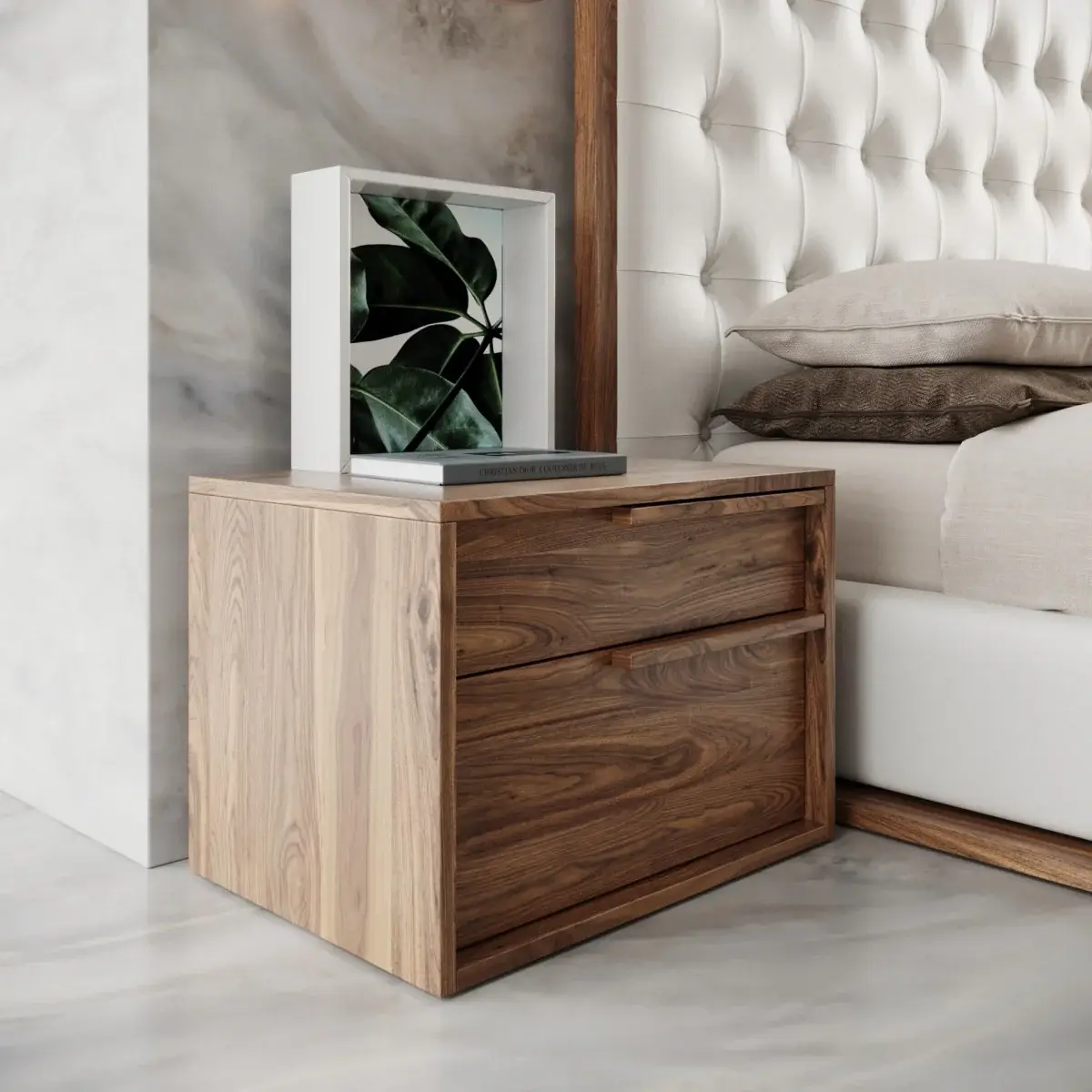 Modern Light Brown Walnut Nightstand with Two drawers - Image 3