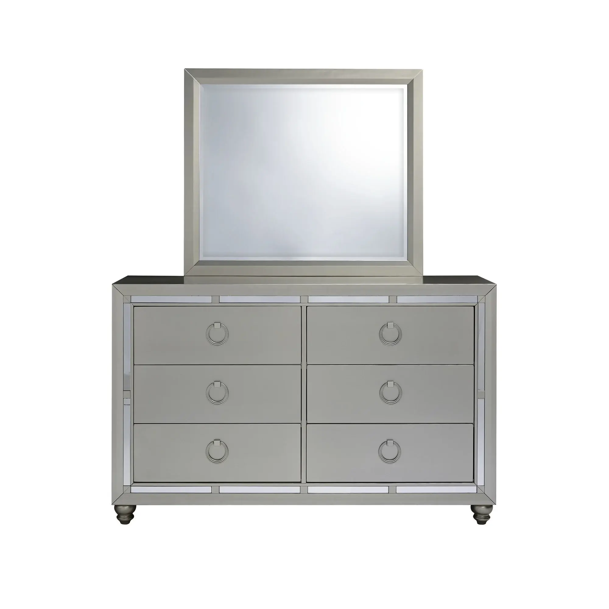 Modern Silver Tone Mirror With Sleek Wood Trim - Image 2