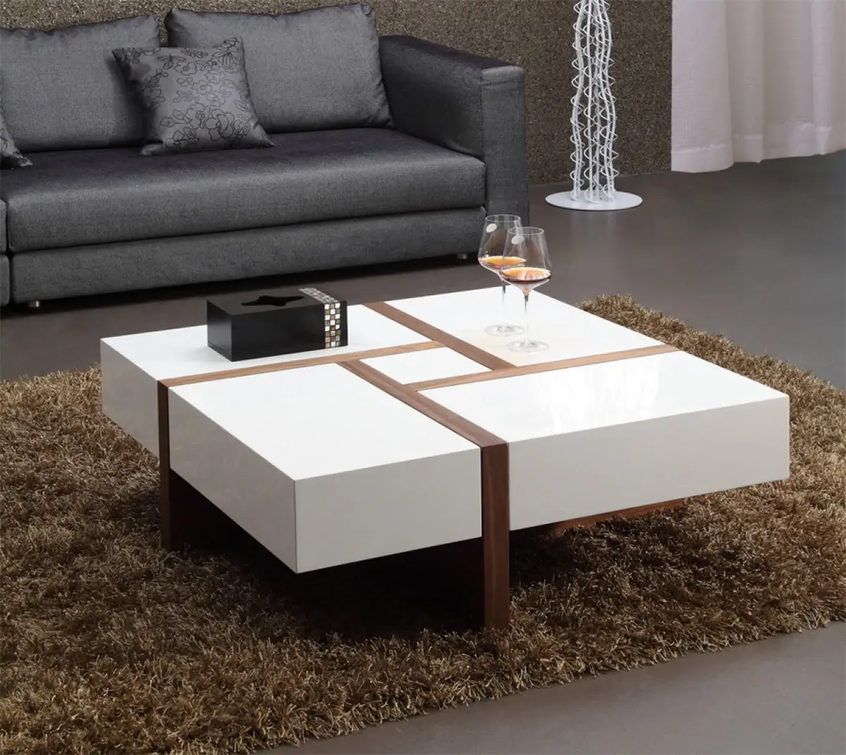 Modern White and Walnut Square Coffee Table with Storage - Image 7