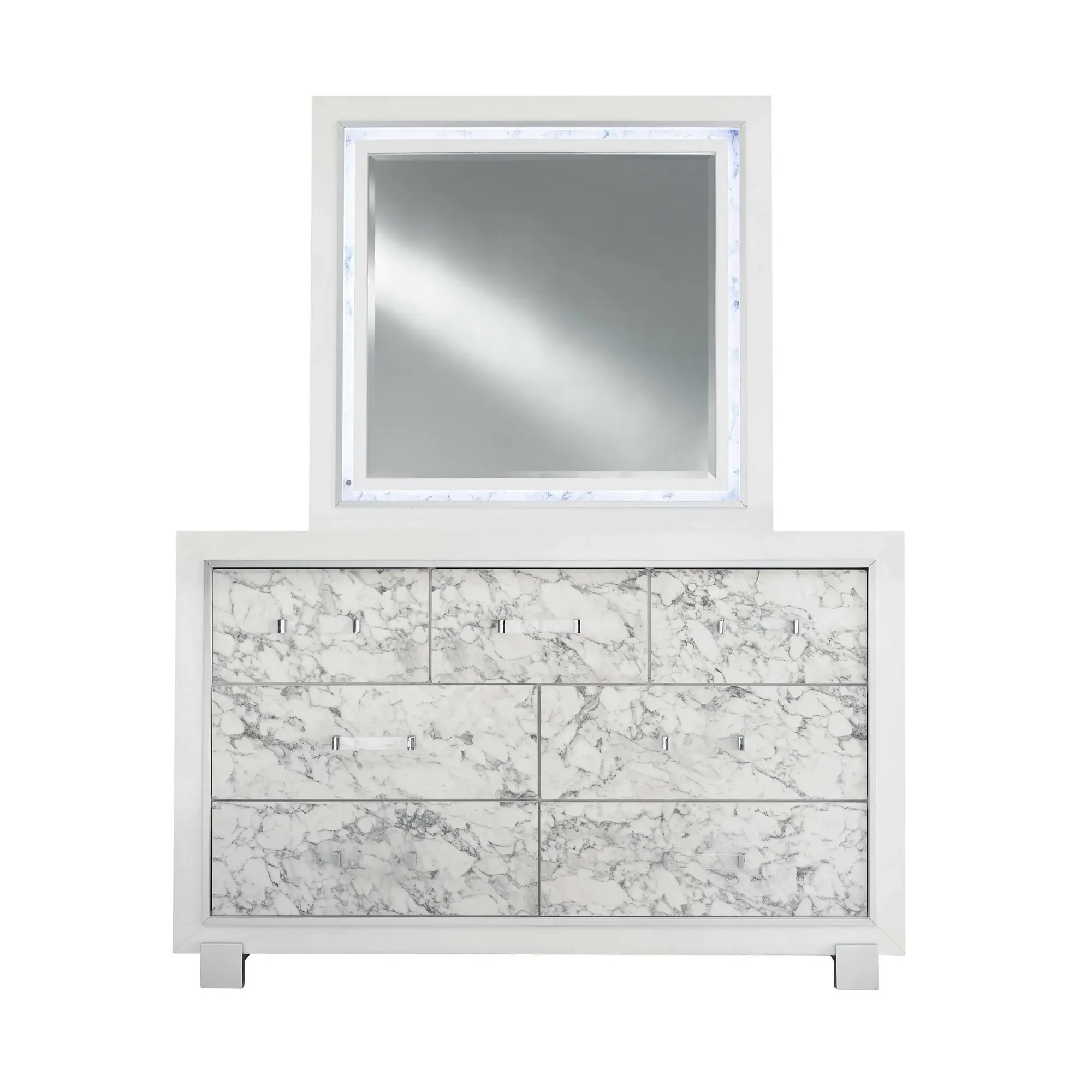 Modern White Dresser With 7 Faux Marble Detailed Front Drawer. - Image 4