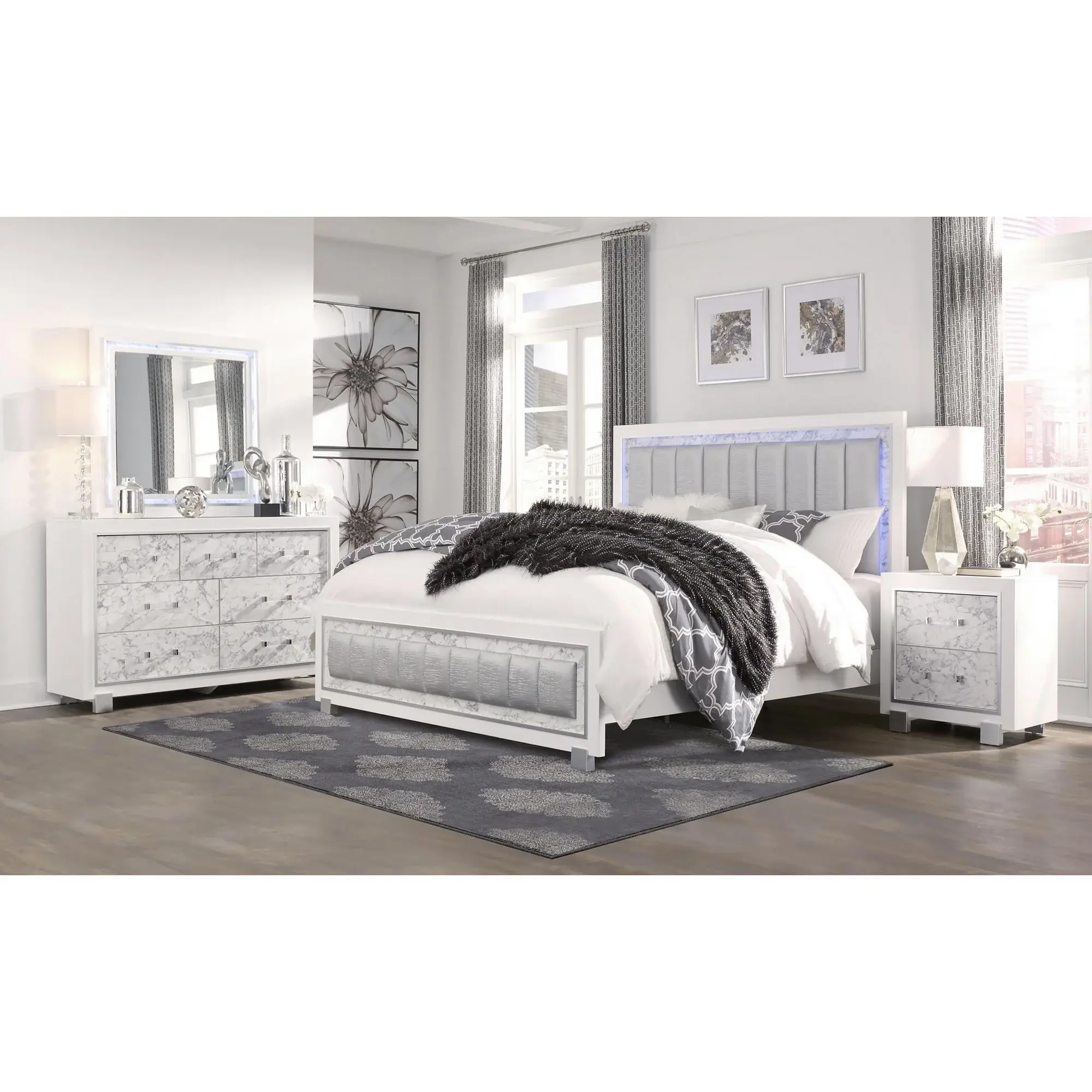 Modern White Dresser With 7 Faux Marble Detailed Front Drawer. - Image 5
