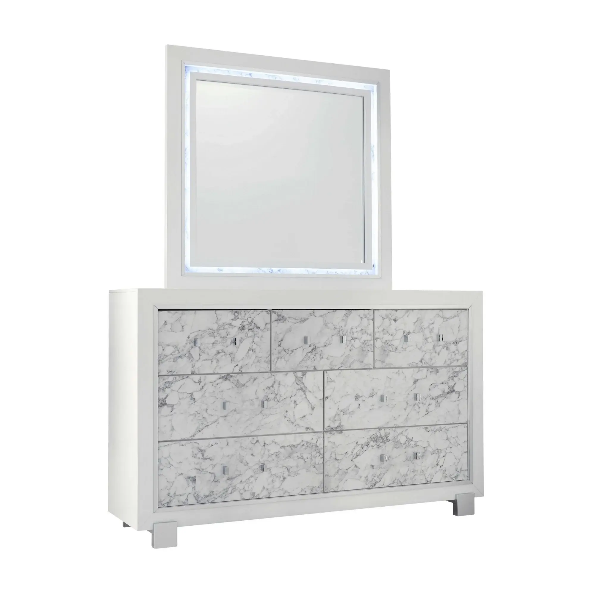 Modern White Mirror With Faux Marble Border Detail Led Lightning - Image 2