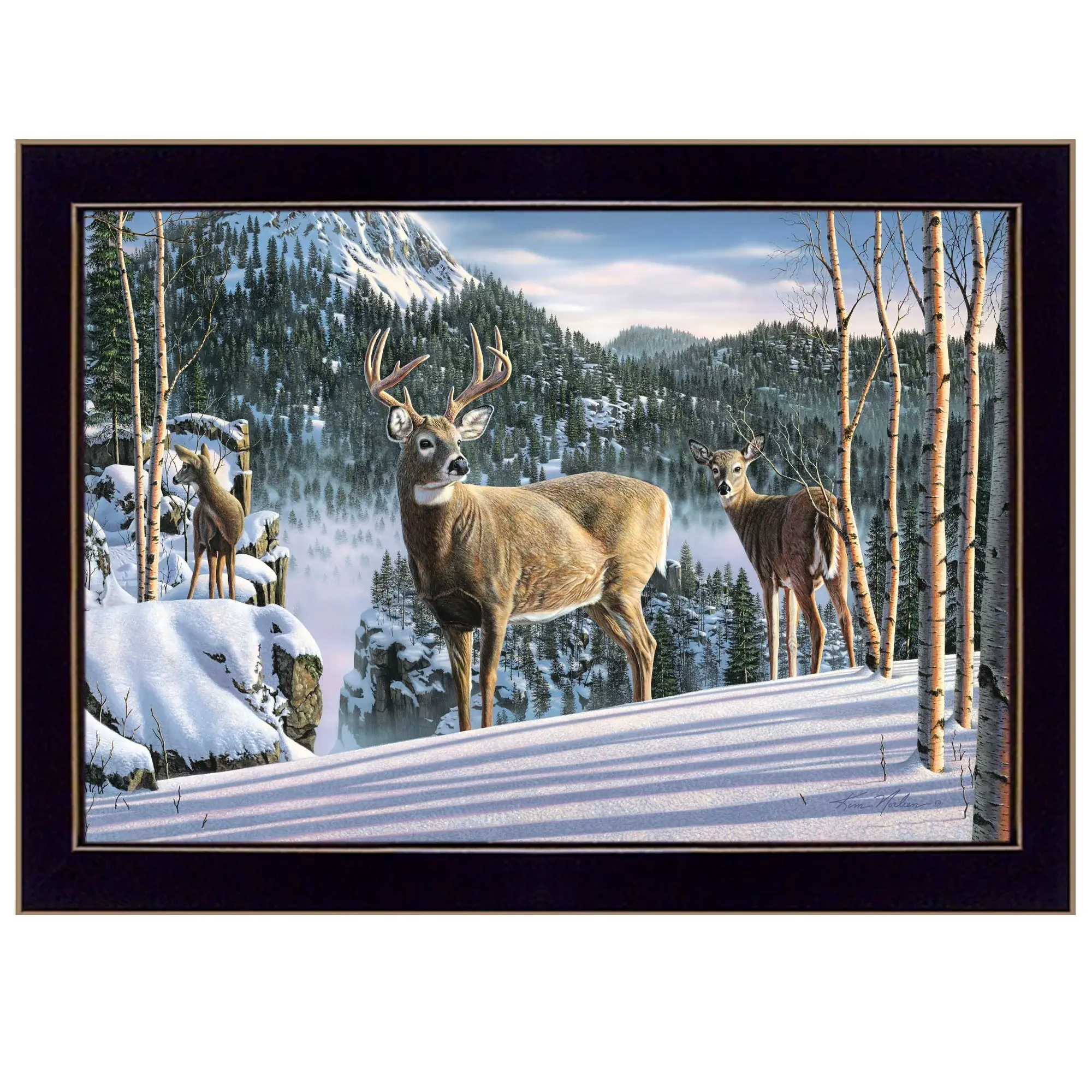 Morning View Deer 1 Black Framed Print Wall Art - Image 2