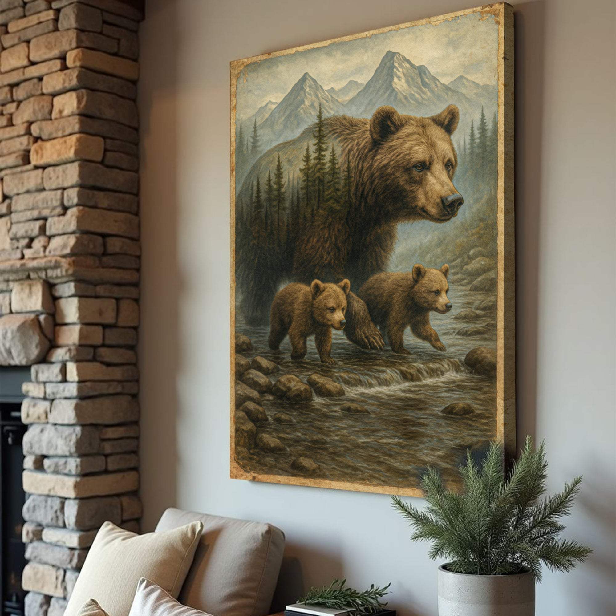 Mother Bear and Cubs Crossing Double Exposure Wall Art - Image 2