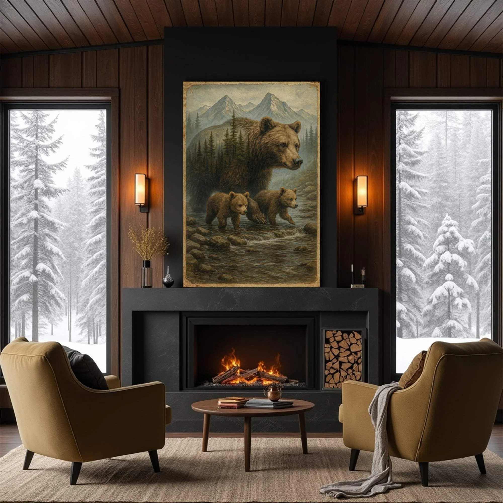 Mother Bear and Cubs Crossing Double Exposure Wall Art - Image 5