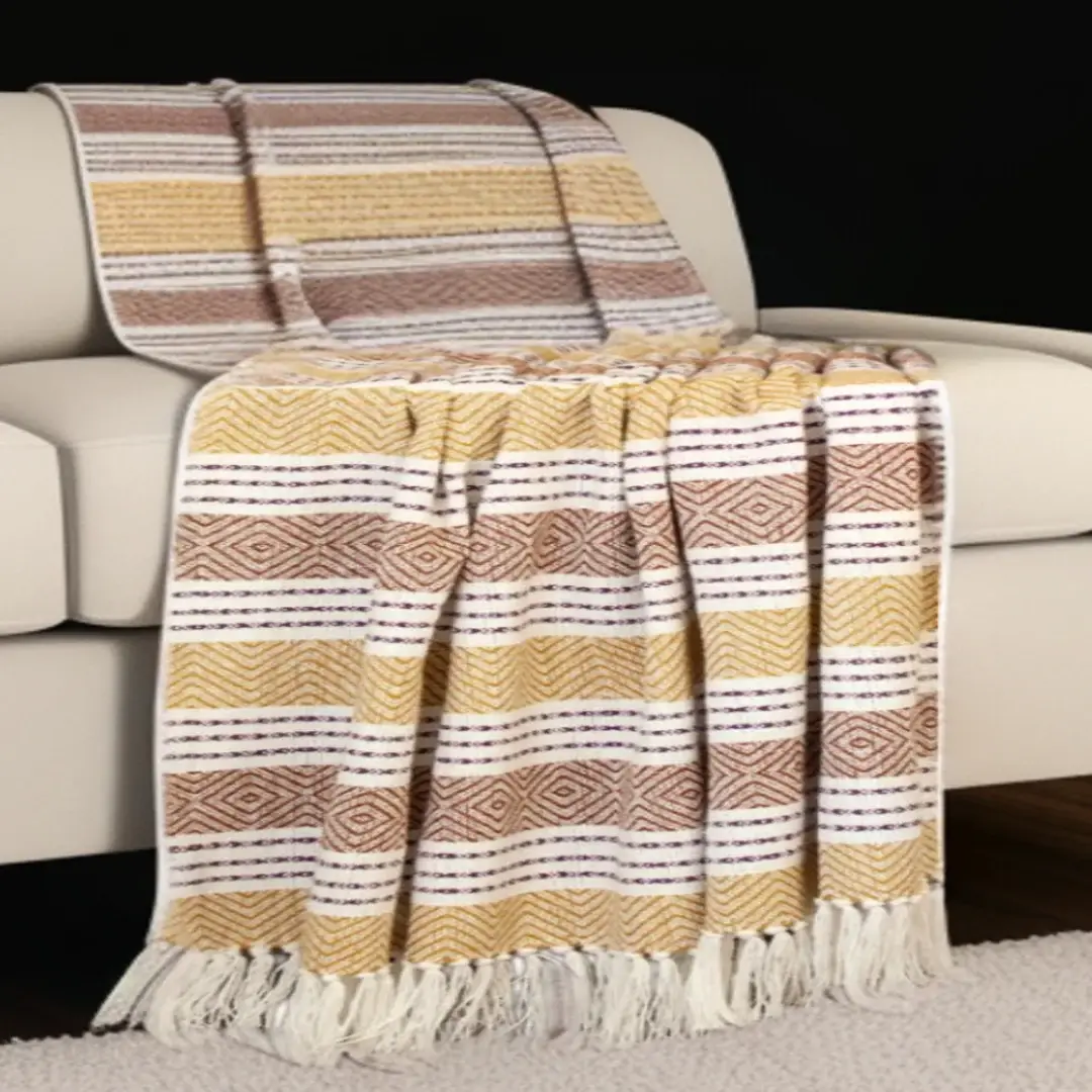 Mustard Woven Cotton Striped Throw Blanket - Image 4