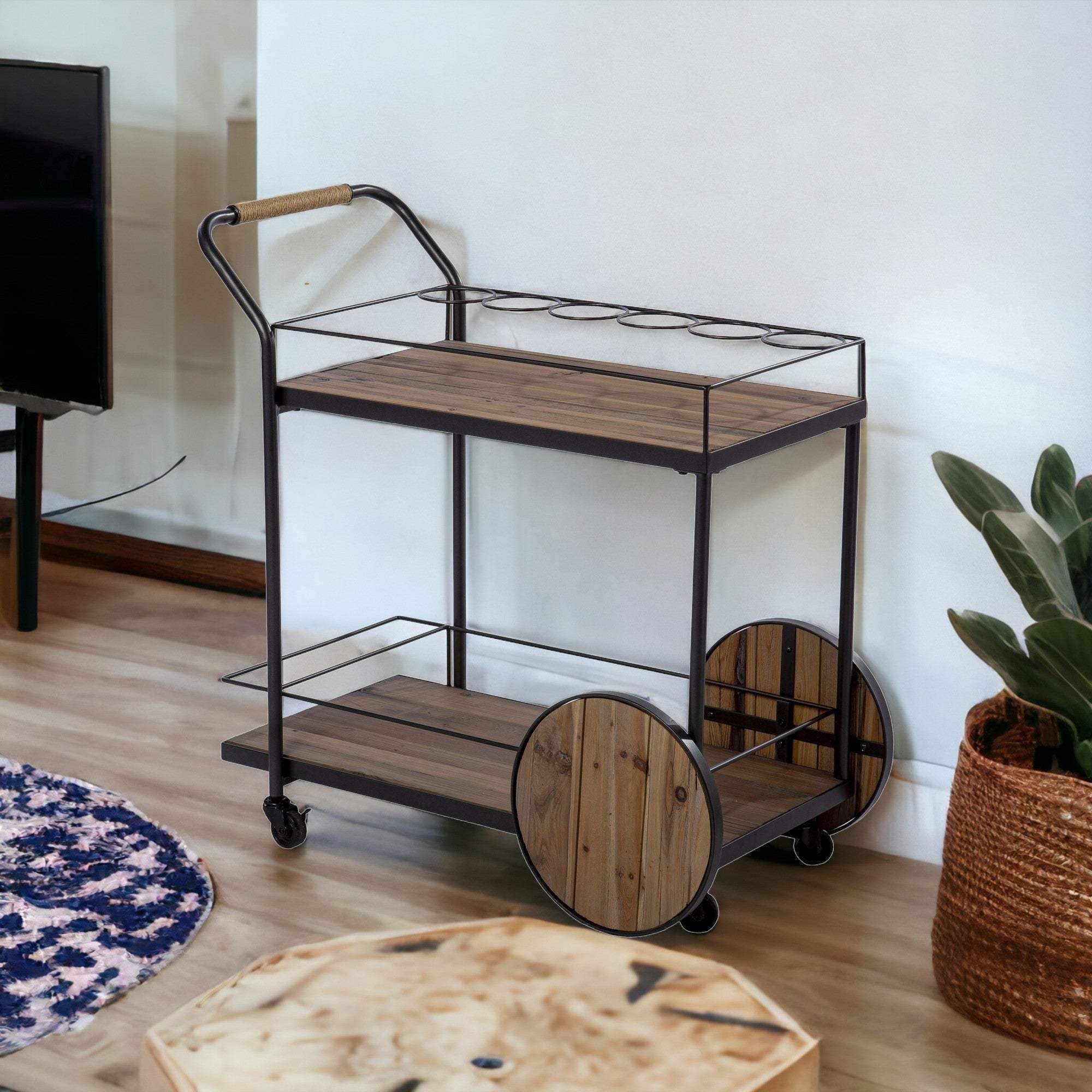 Natural and Black Iron And Reclaimed Wood Rolling Bar Cart With Wine Storage - Image 2