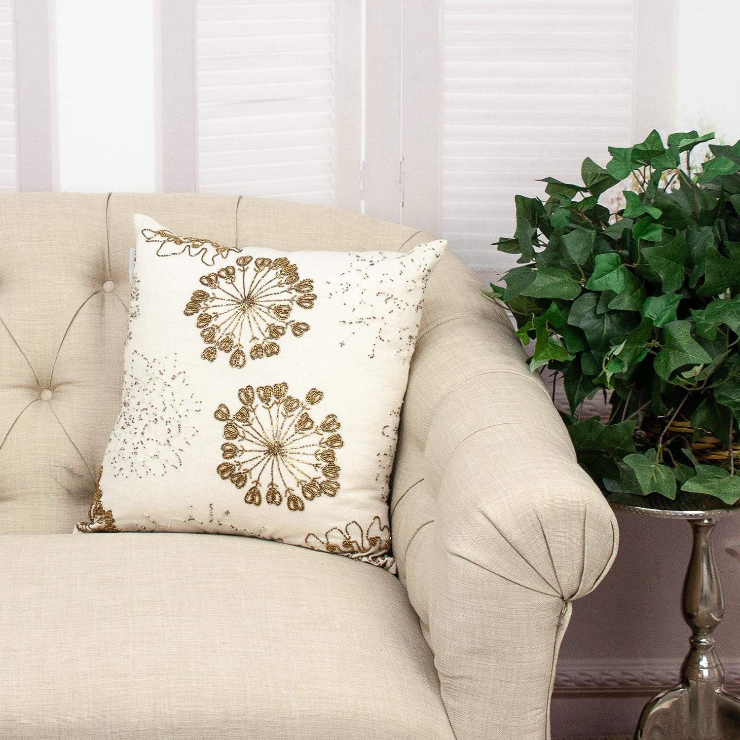 Natural and Golden Metallic Beaded Decorative Throw Pillow - Image 7