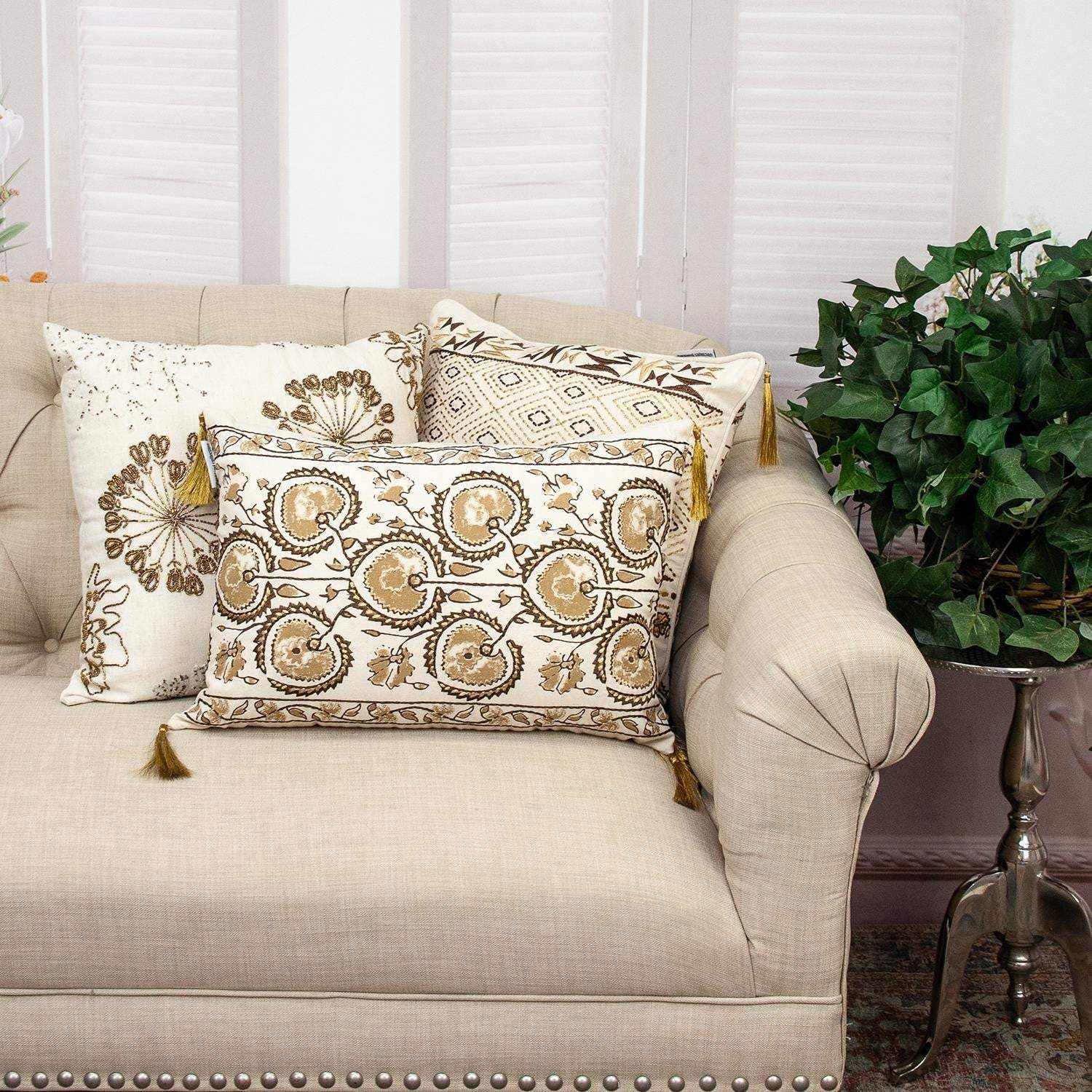 Natural and Golden Metallic Beaded Decorative Throw Pillow - Image 8