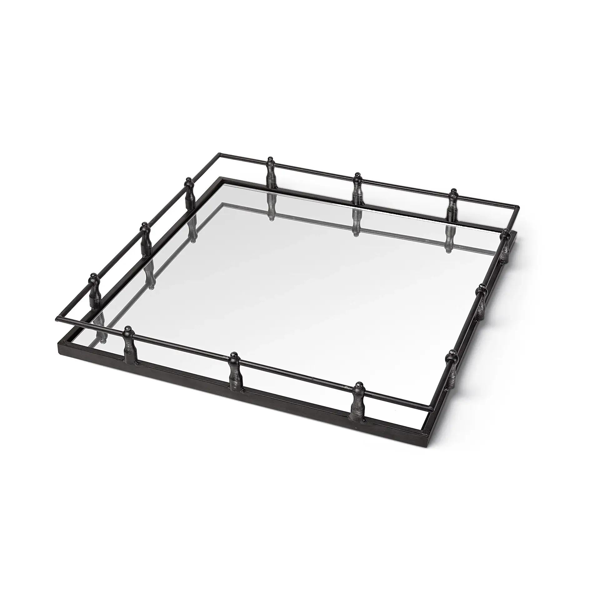 Natural Finish Metal With Mirrored Glass Bottom And Railing Handle Tray - Image 2