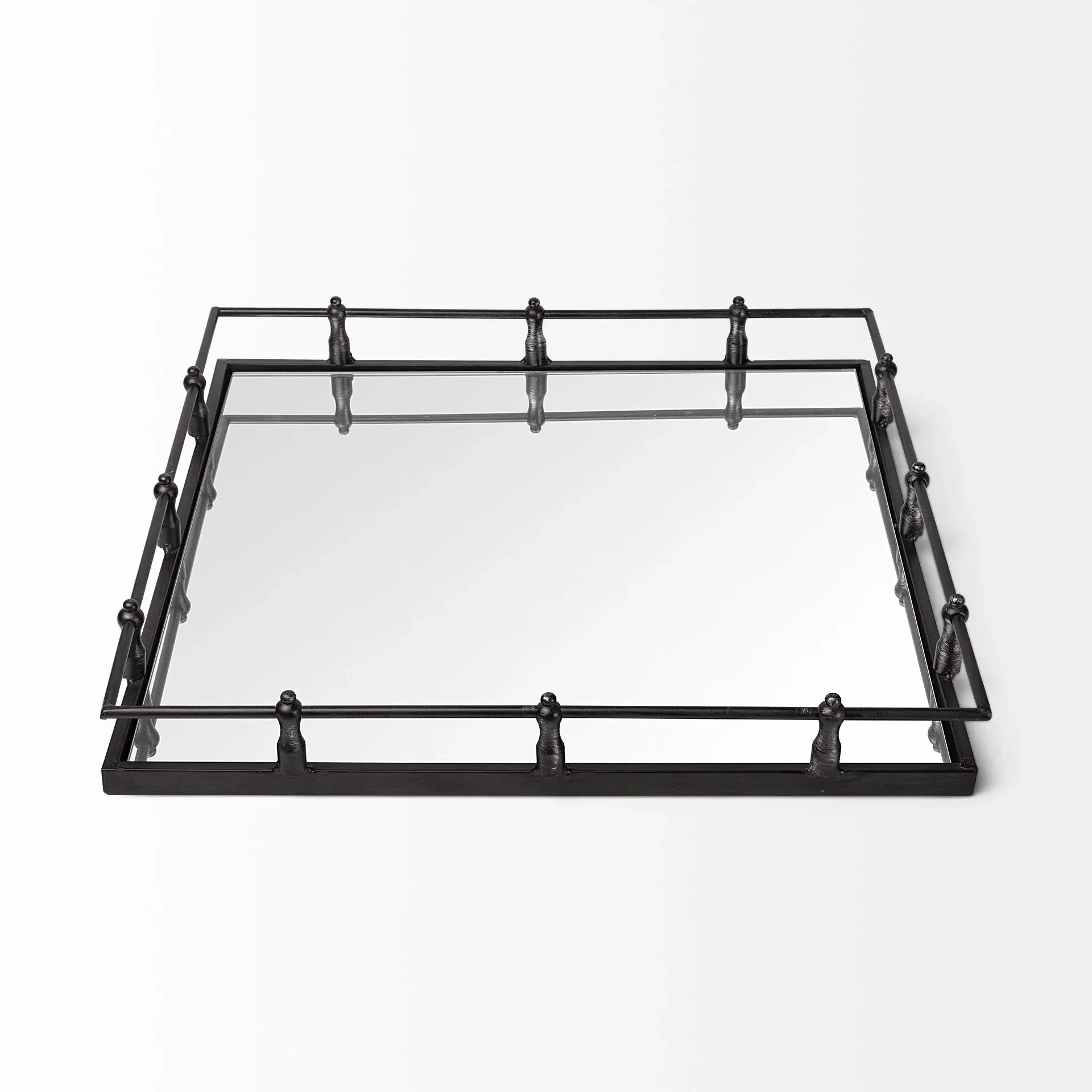 Natural Finish Metal With Mirrored Glass Bottom And Railing Handle Tray - Image 3