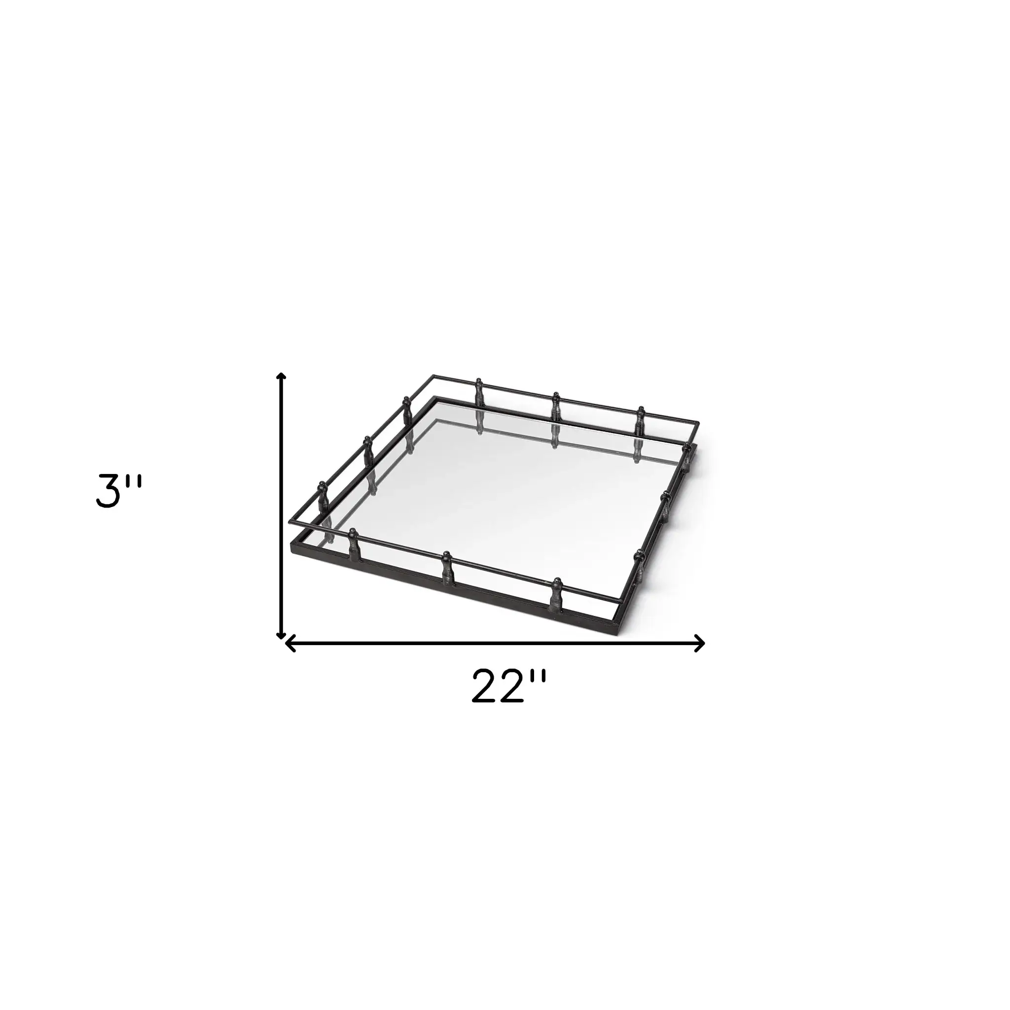Natural Finish Metal With Mirrored Glass Bottom And Railing Handle Tray - Image 7