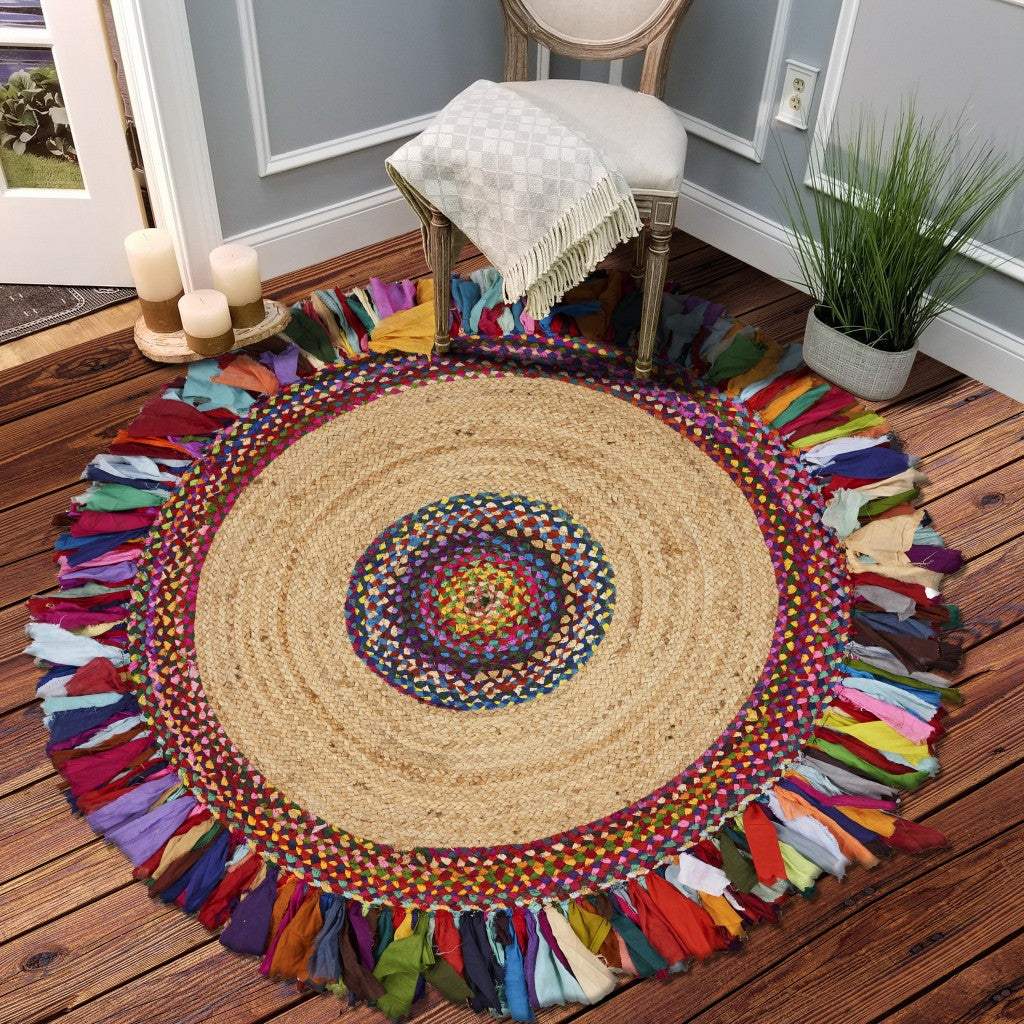 Natural Jute Multicolored Medallion Area Rug With Fringe - Image 7