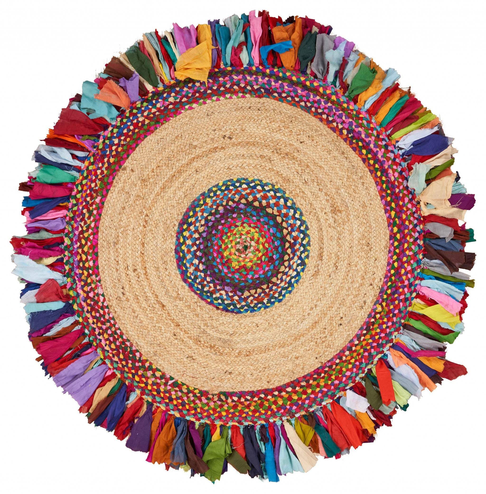 Natural Jute Multicolored Medallion Area Rug With Fringe