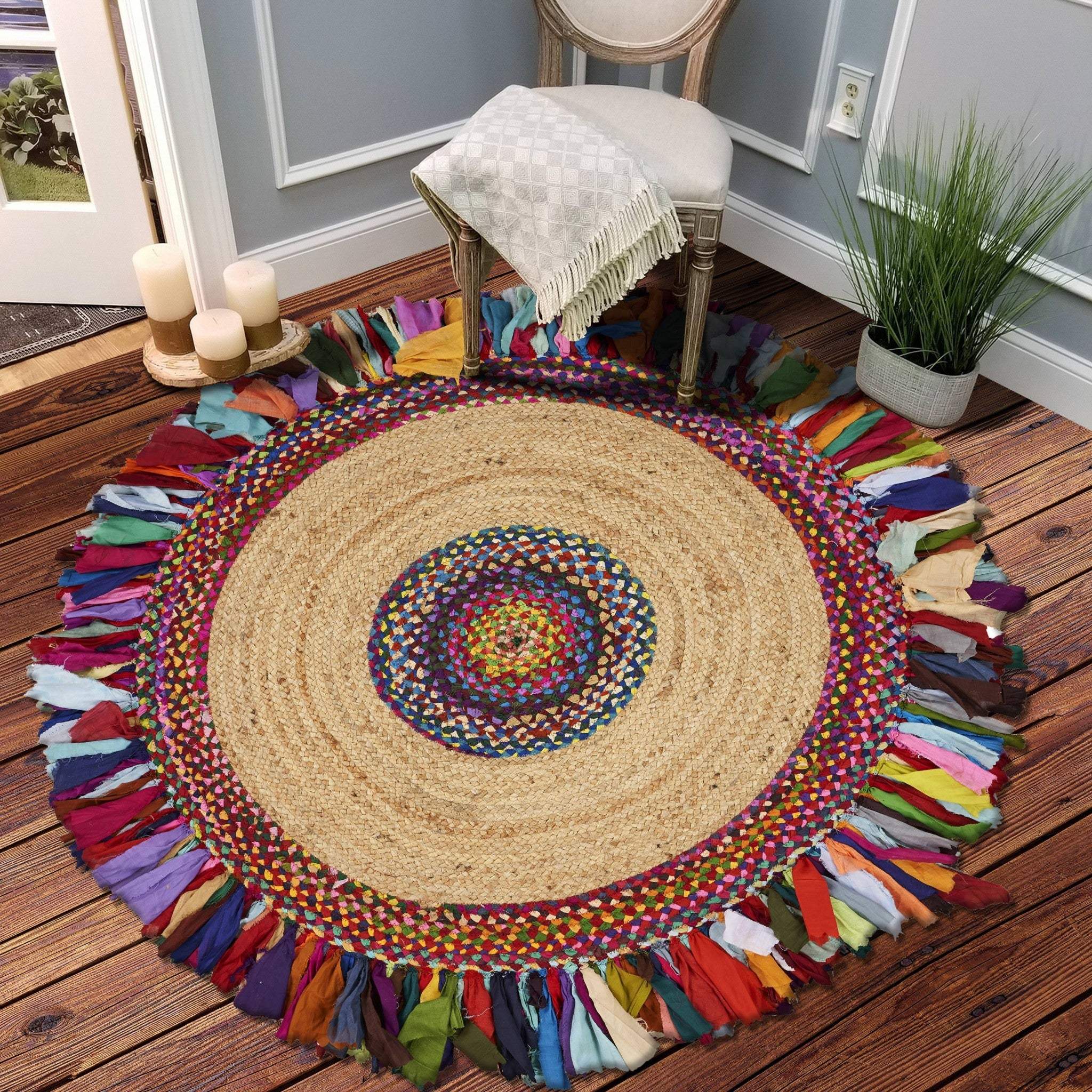 Natural Jute Multicolored Medallion Area Rug With Fringe - Image 8