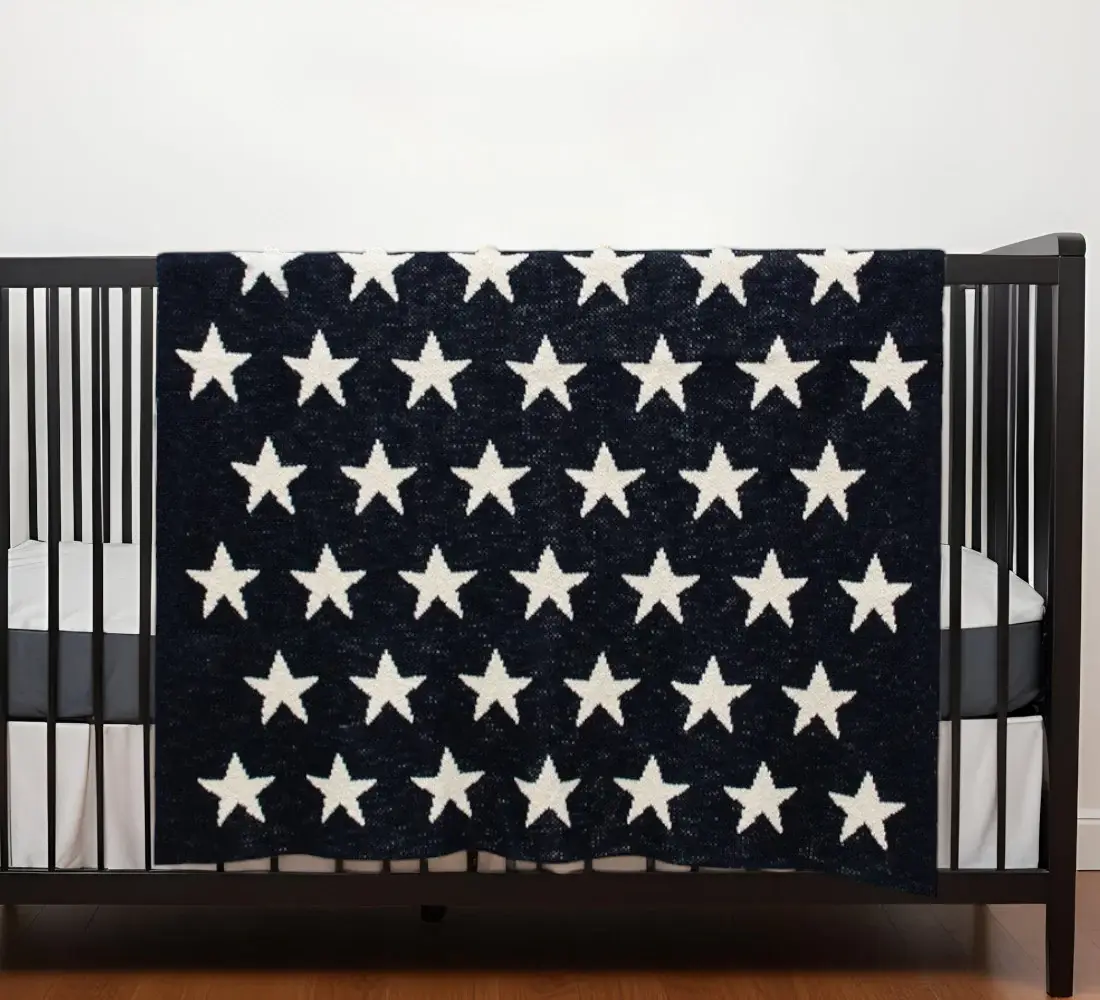 Navy Blue And White Stars Knitted Baby Blanket - Image 2