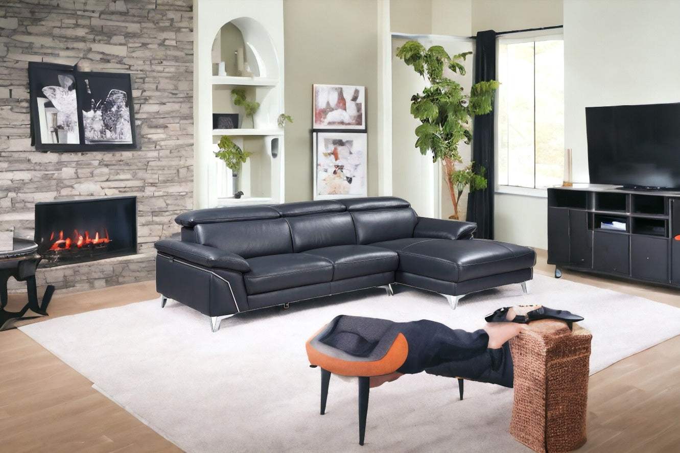 Navy Blue Italian Leather L Shaped Two Piece Sofa and Chaise Sectional - Image 2