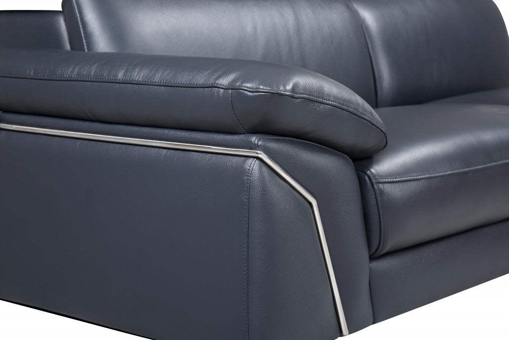 Navy Blue Italian Leather L Shaped Two Piece Sofa and Chaise Sectional - Image 6