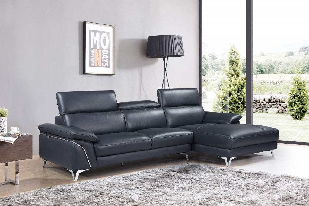 Navy Blue Italian Leather L Shaped Two Piece Sofa and Chaise Sectional - Image 9