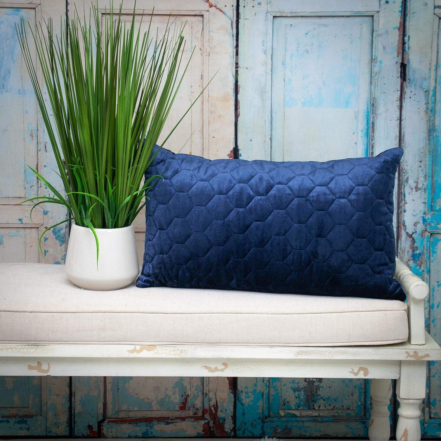Navy Blue Tufted Velvet Quilted Lumbar Throw Pillow - Image 6