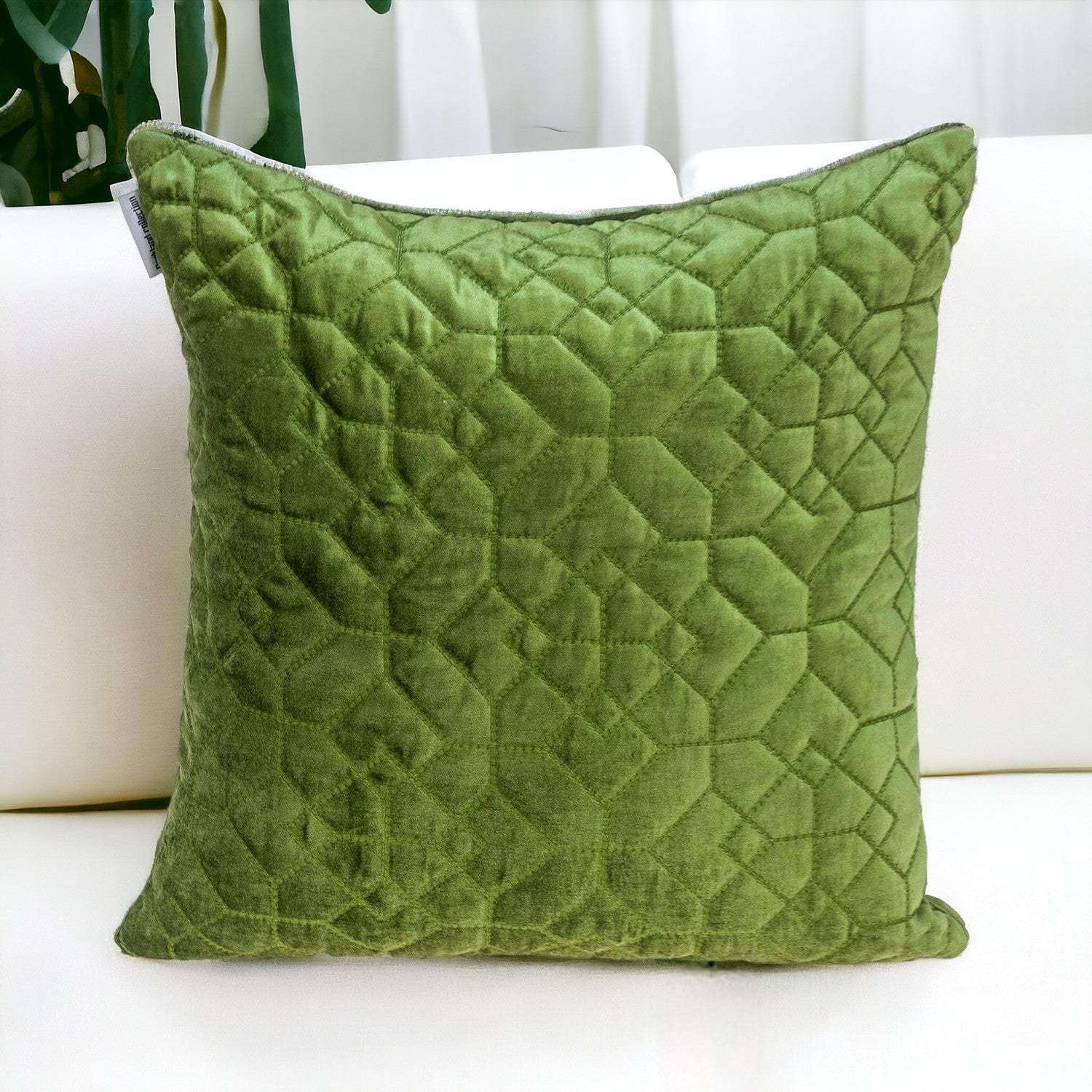 Olive Quilted Velvet Geo Decorative Throw Pillow - Image 2