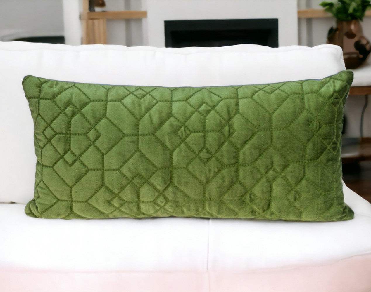 Olive Quilted Velvet Geo Lumbar Decorative Pillow - Image 2