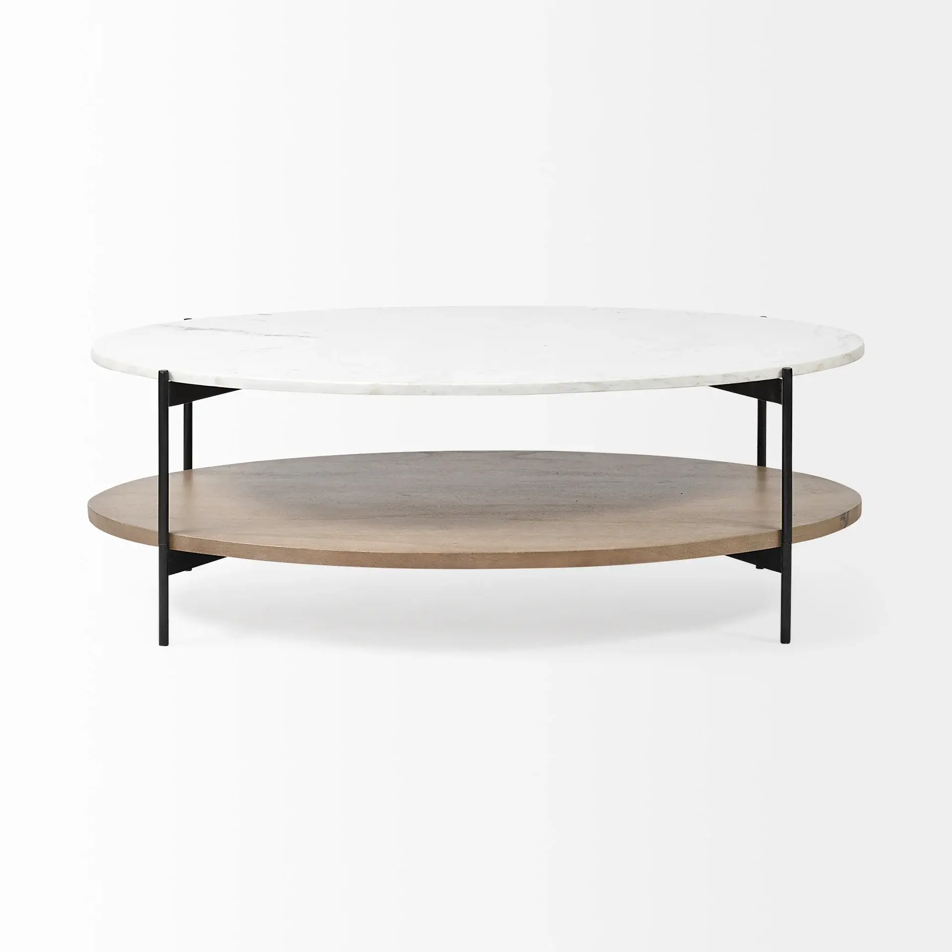 Oval White Marble Top And Black Metal Base Coffee Table W Wood Shelf - Image 2