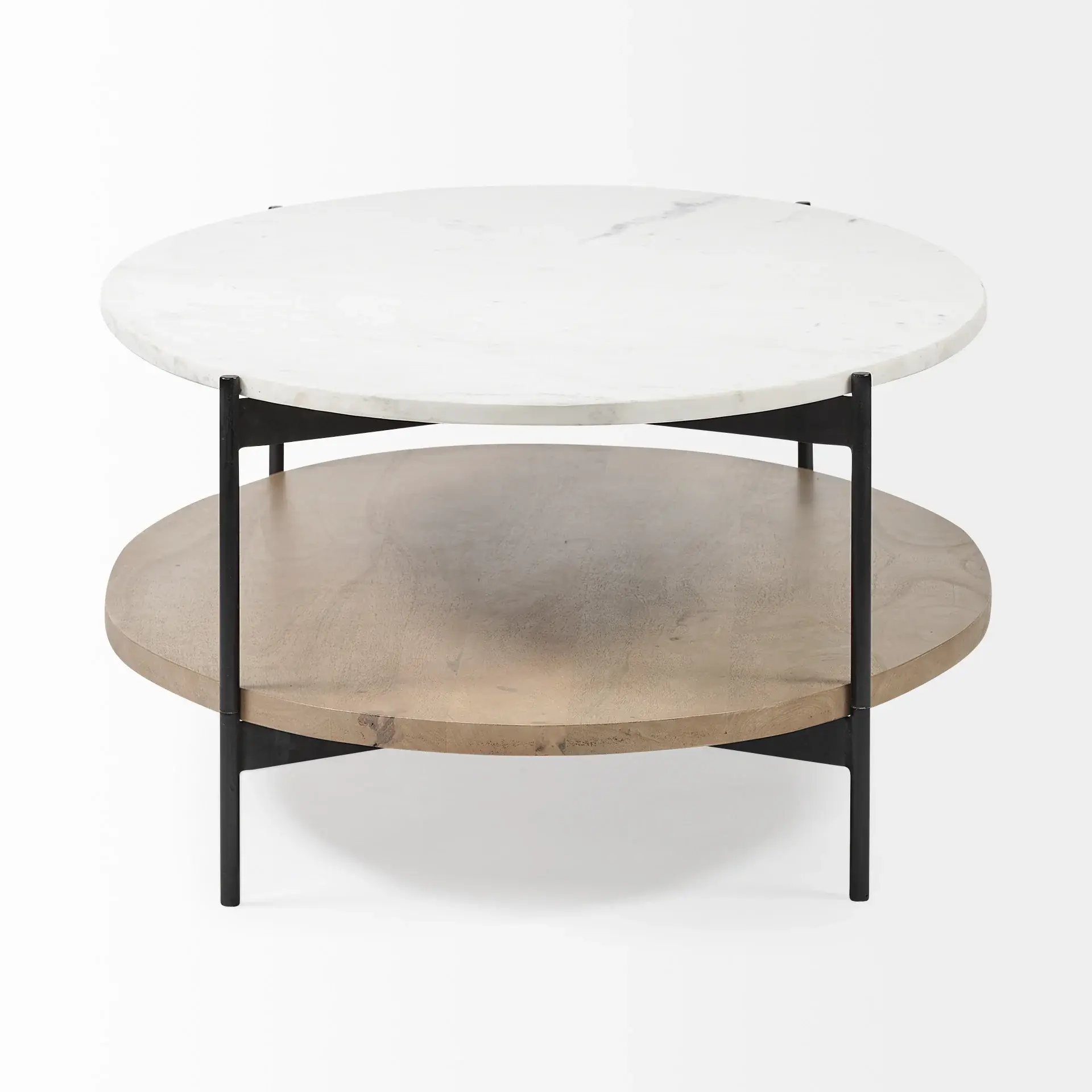 Oval White Marble Top And Black Metal Base Coffee Table W Wood Shelf - Image 3