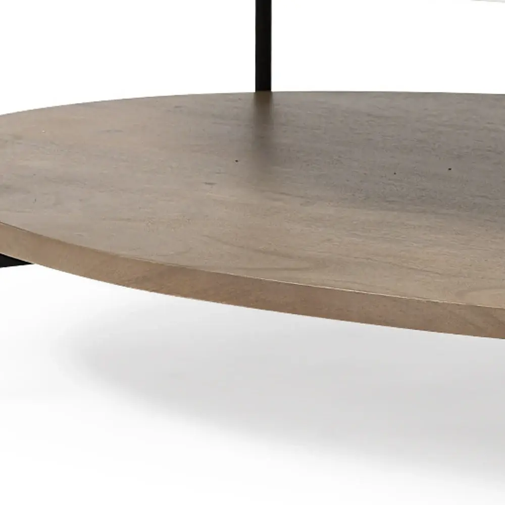 Oval White Marble Top And Black Metal Base Coffee Table W Wood Shelf - Image 4