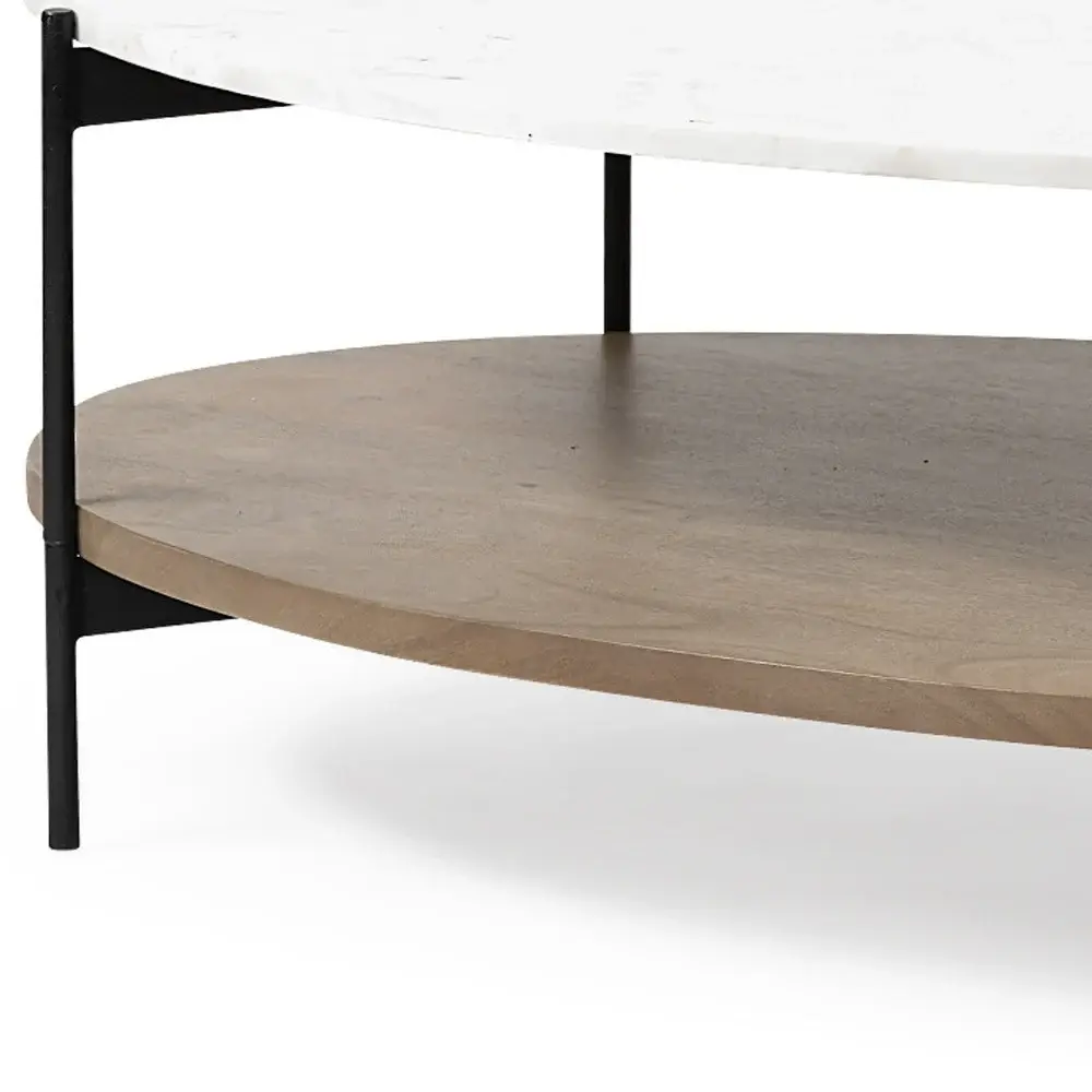 Oval White Marble Top And Black Metal Base Coffee Table W Wood Shelf - Image 5