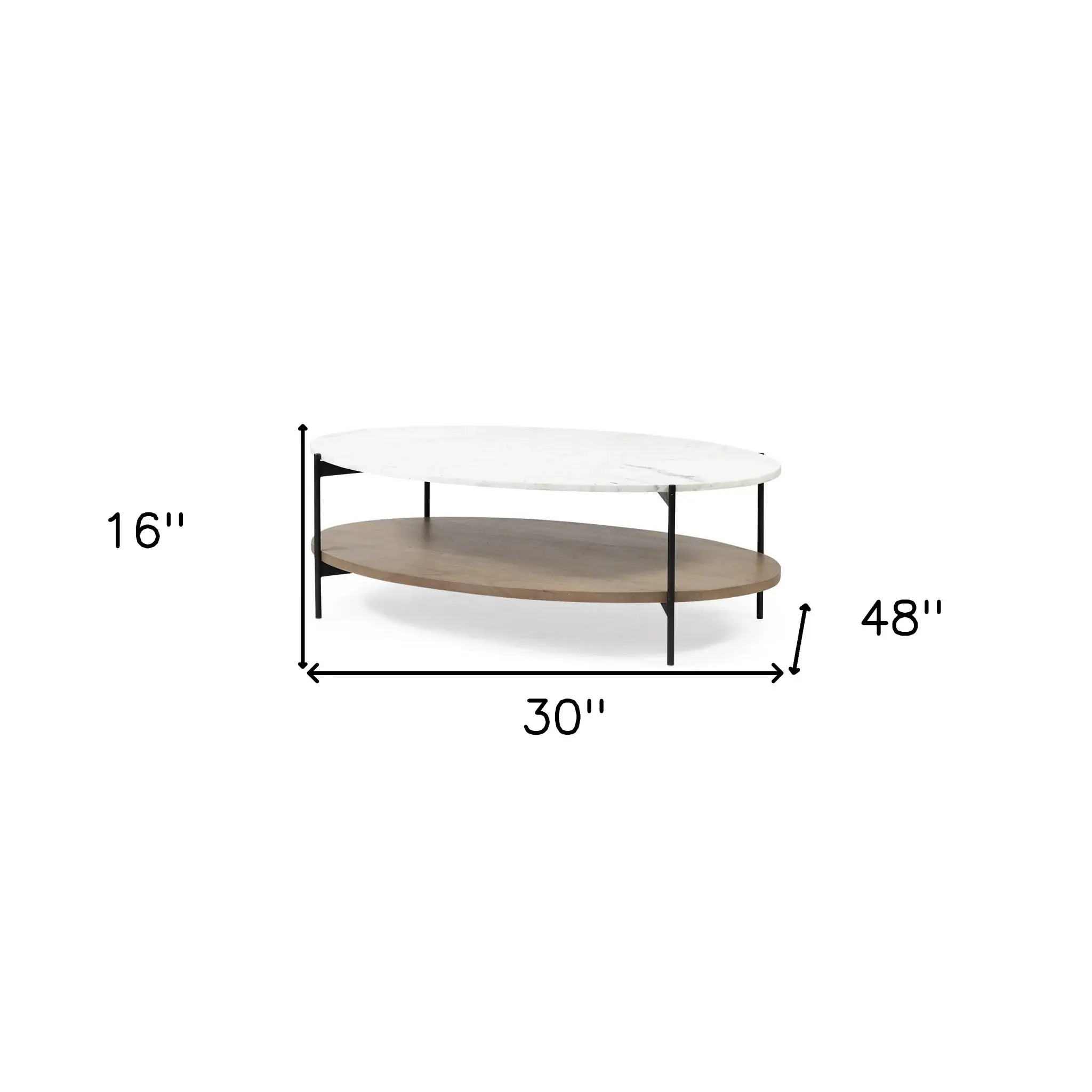Oval White Marble Top And Black Metal Base Coffee Table W Wood Shelf - Image 7