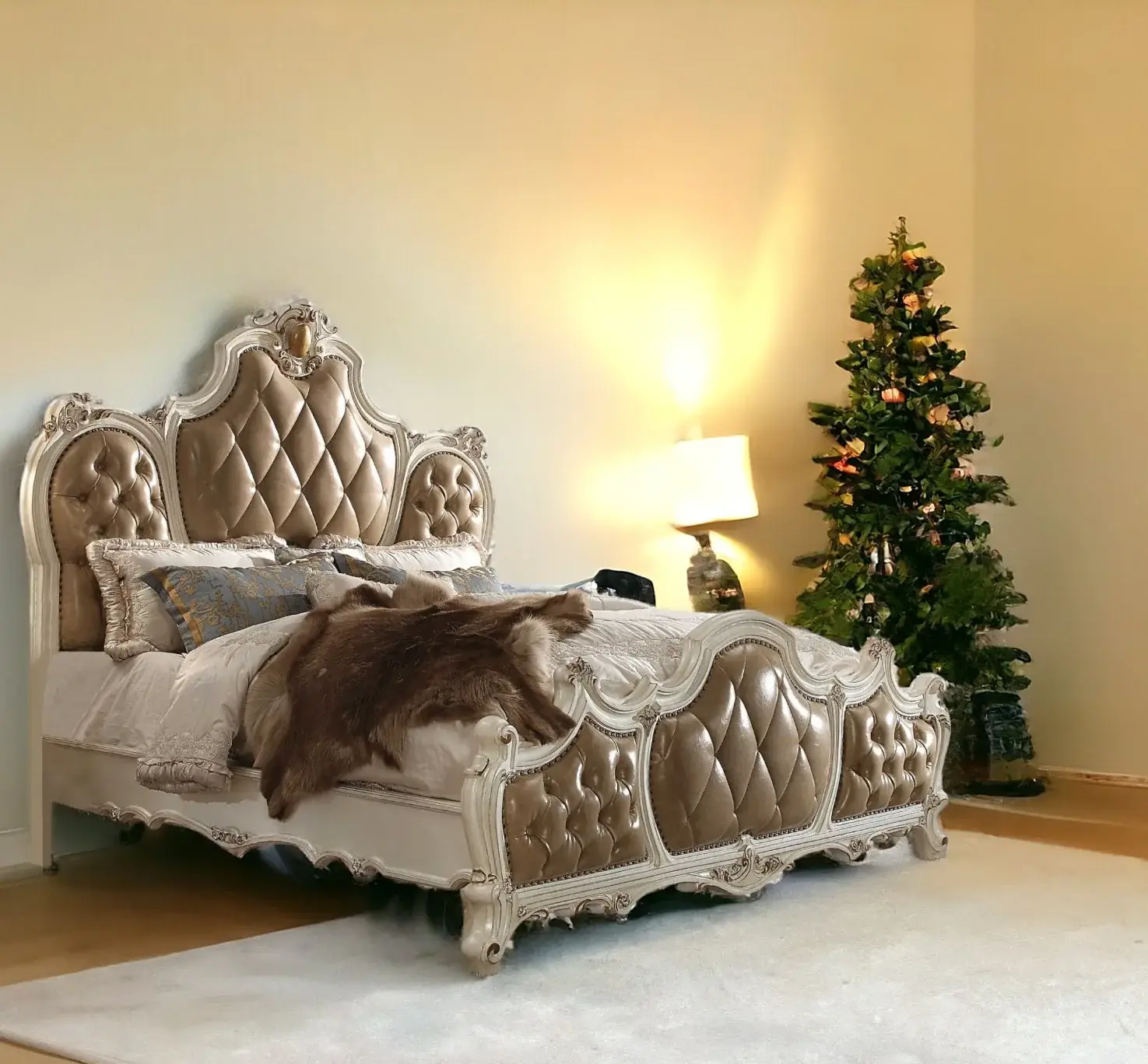 Pearl King Tufted Upholstered Faux Leather Bed Frame with Nailhead Trim - Image 2