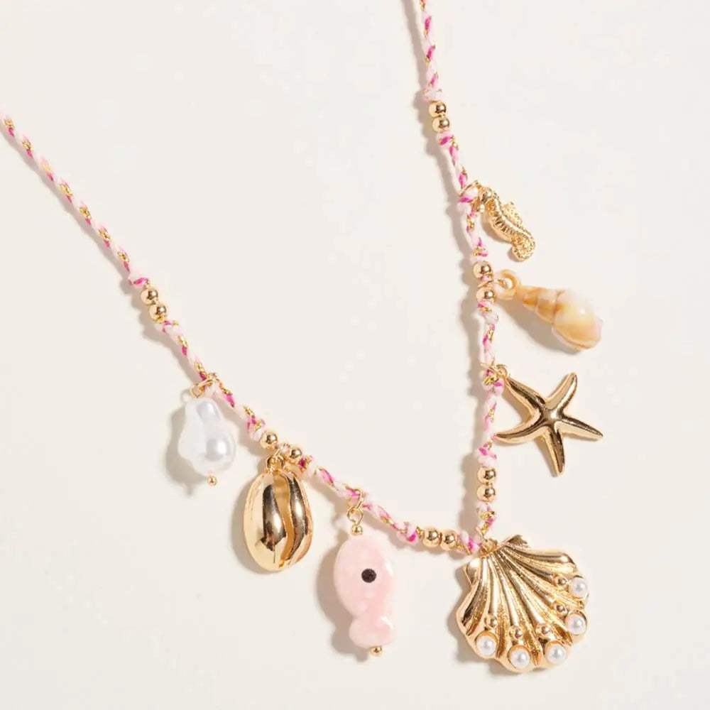 Pearl Seashell Starfish Seahorse Charm Station Fabric Chain Twisted Necklace