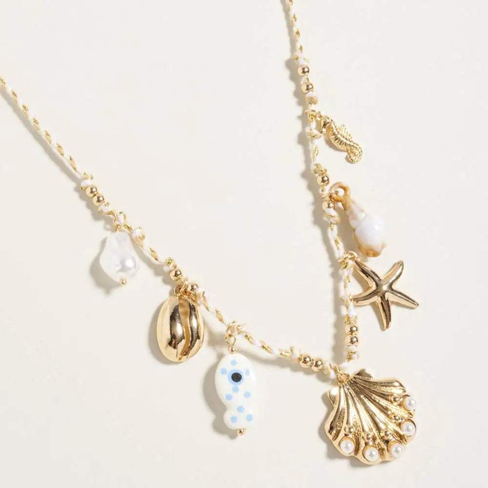 Pearl Seashell Starfish Seahorse Charm Station Fabric Chain Twisted Necklace - Image 3