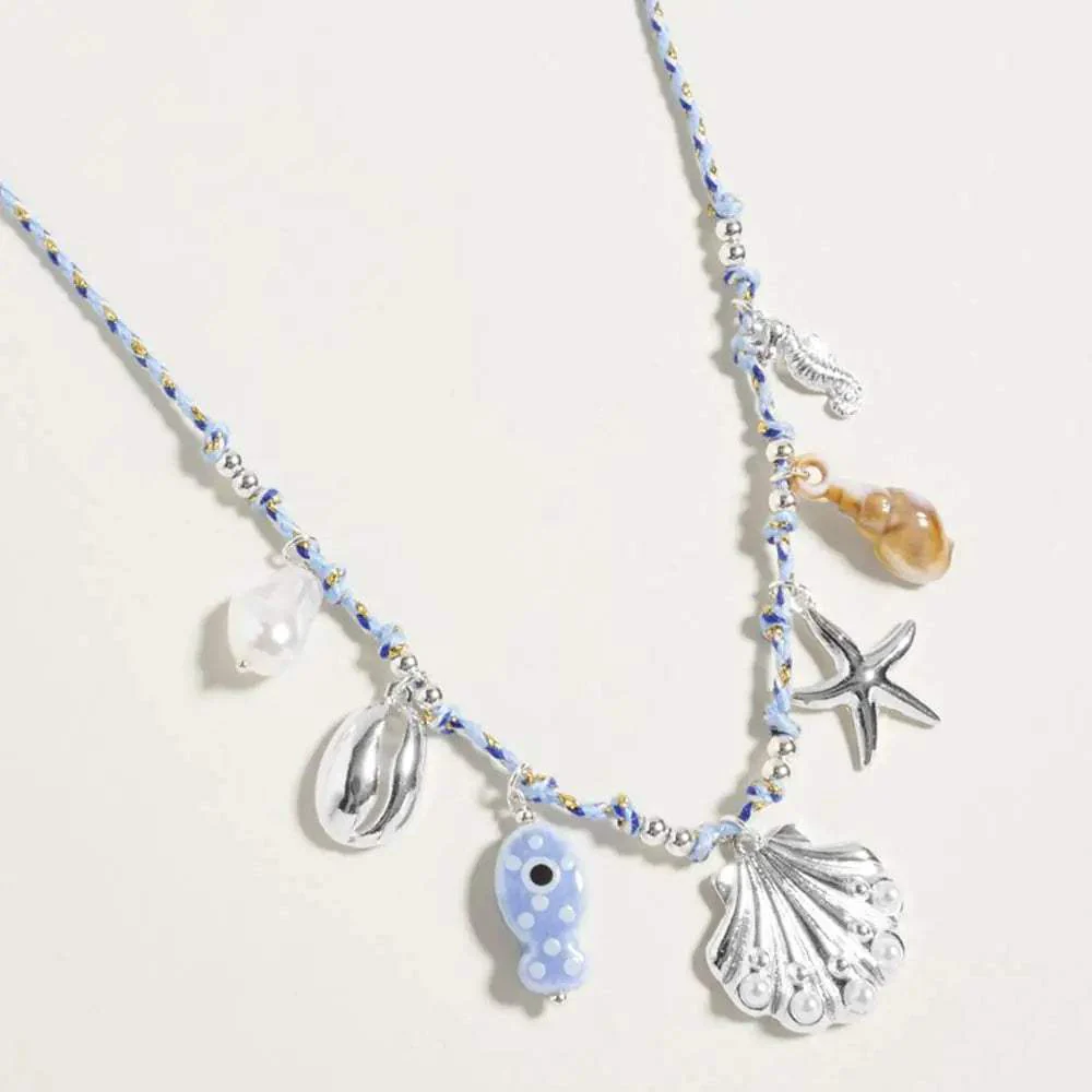 Pearl Seashell Starfish Seahorse Charm Station Fabric Chain Twisted Necklace - Image 4