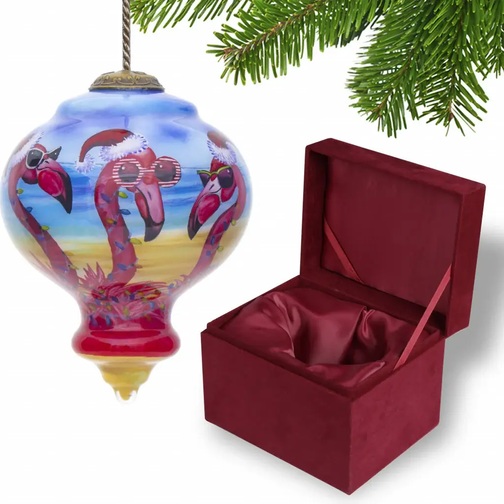 Pink Christmas Flamingos Hand Painted Mouth Blown Glass Ornament - Image 2