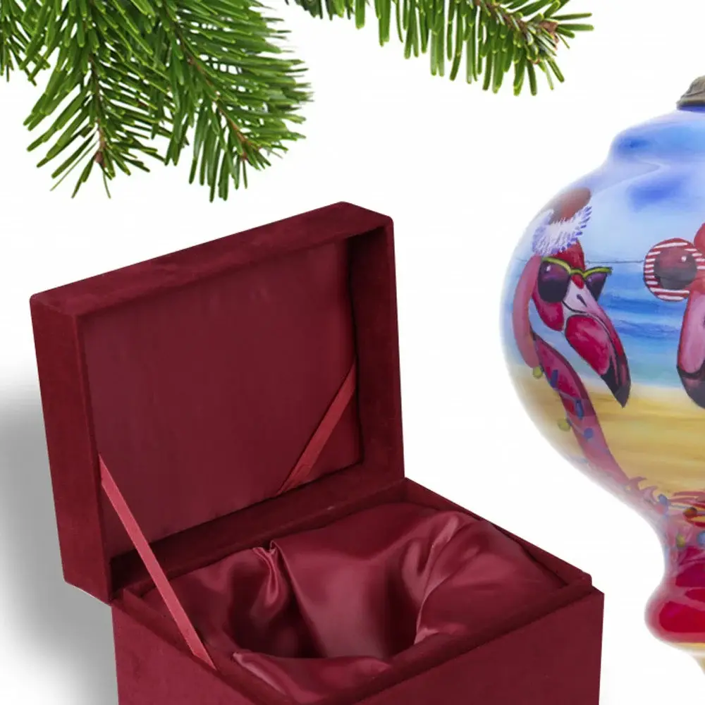 Pink Christmas Flamingos Hand Painted Mouth Blown Glass Ornament - Image 3