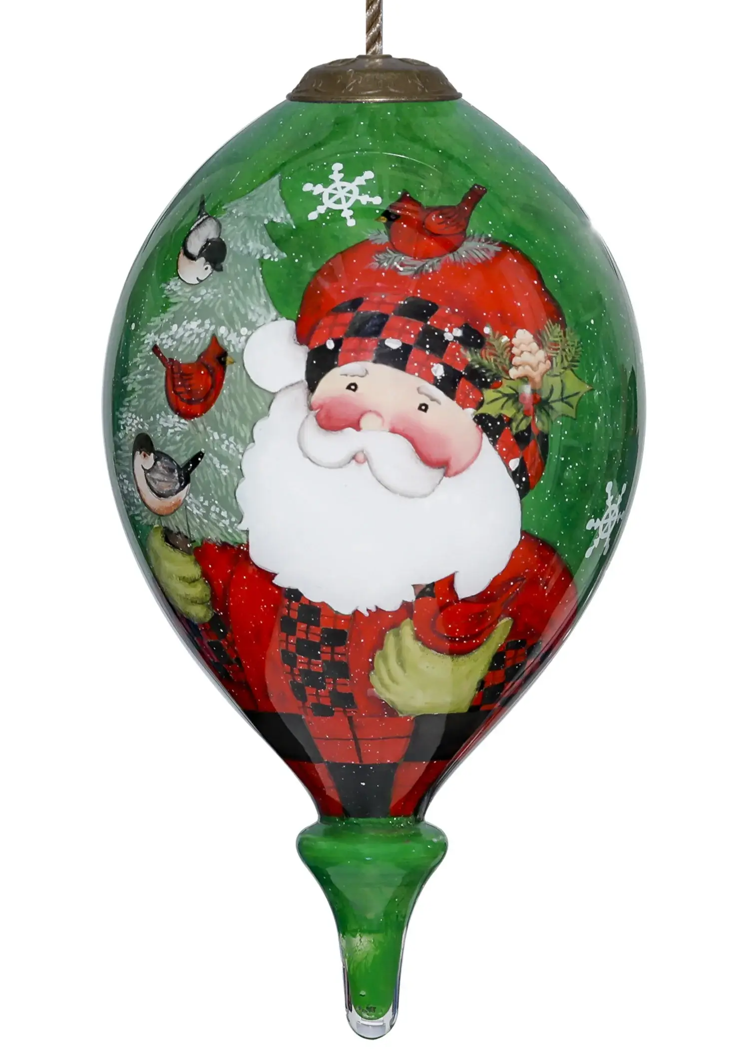 Plaid Santa with Cardinals Hand Painted Mouth Blown Glass Ornament - Image 2