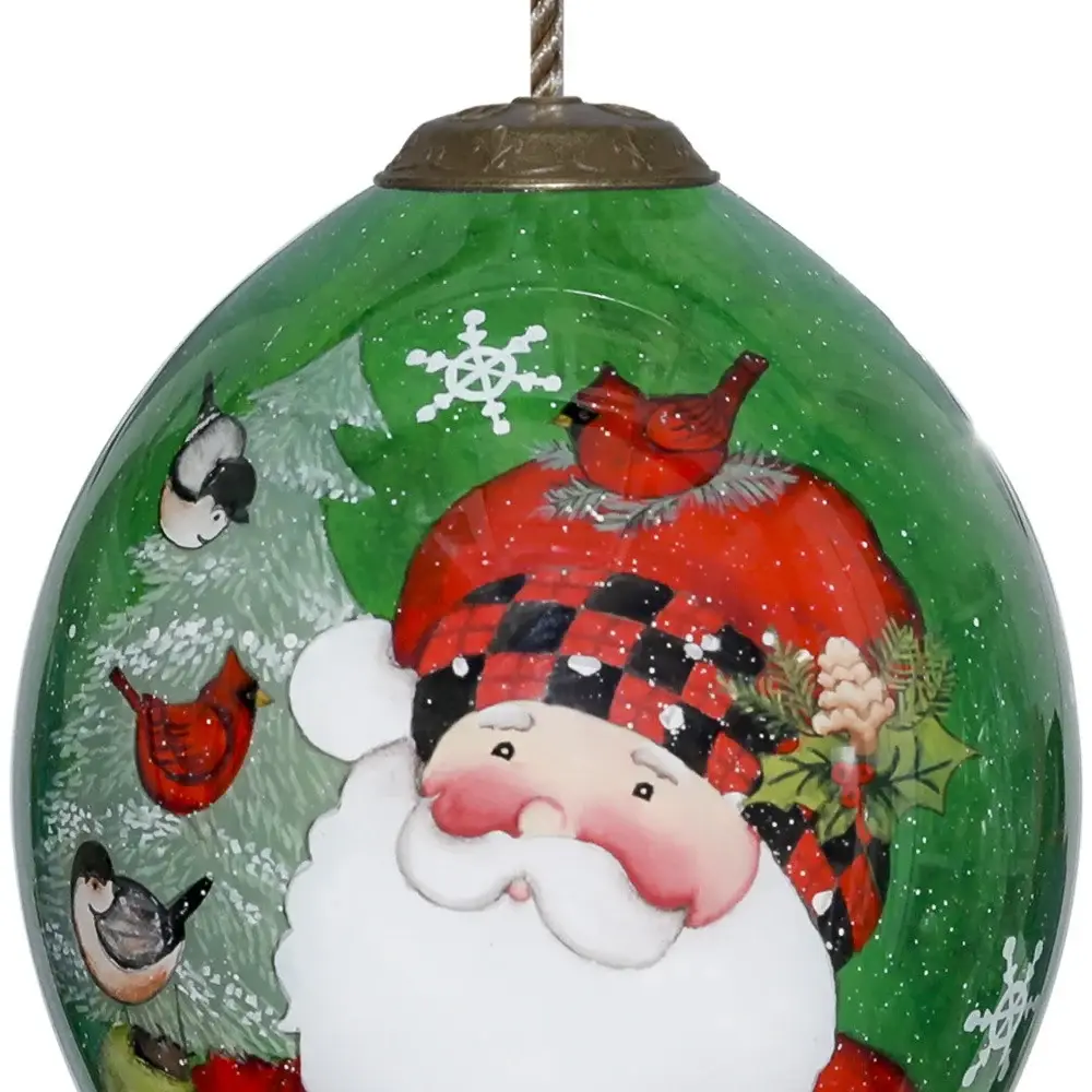 Plaid Santa with Cardinals Hand Painted Mouth Blown Glass Ornament - Image 3