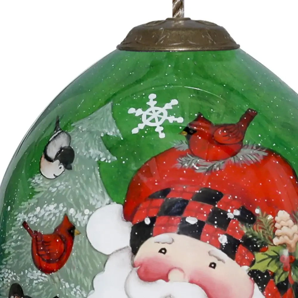 Plaid Santa with Cardinals Hand Painted Mouth Blown Glass Ornament - Image 4