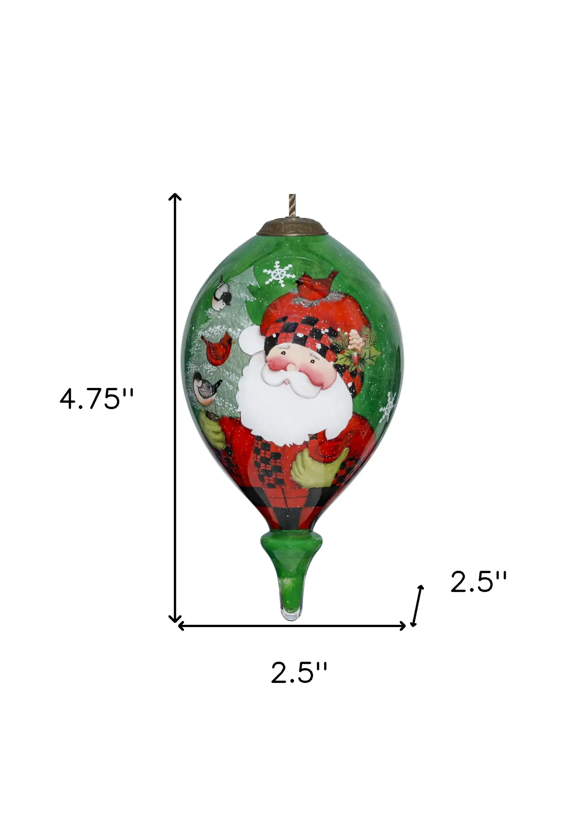 Plaid Santa with Cardinals Hand Painted Mouth Blown Glass Ornament - Image 5