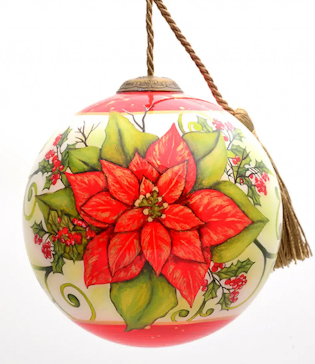 Poinsettia Flower Hand Painted Mouth Blown Glass Ornament - Image 2