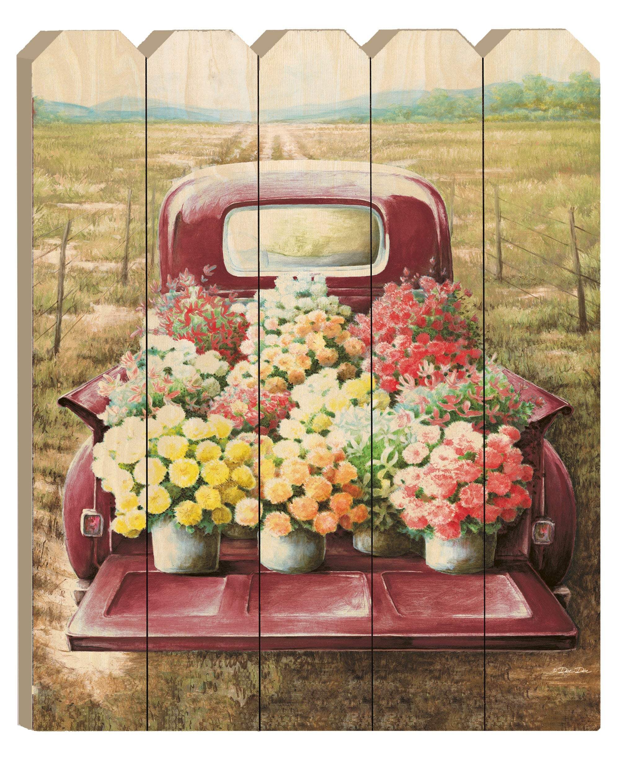 Pretty Red Truck Flowers for Sale Unframed Picket Fence Wall Art - Image 2