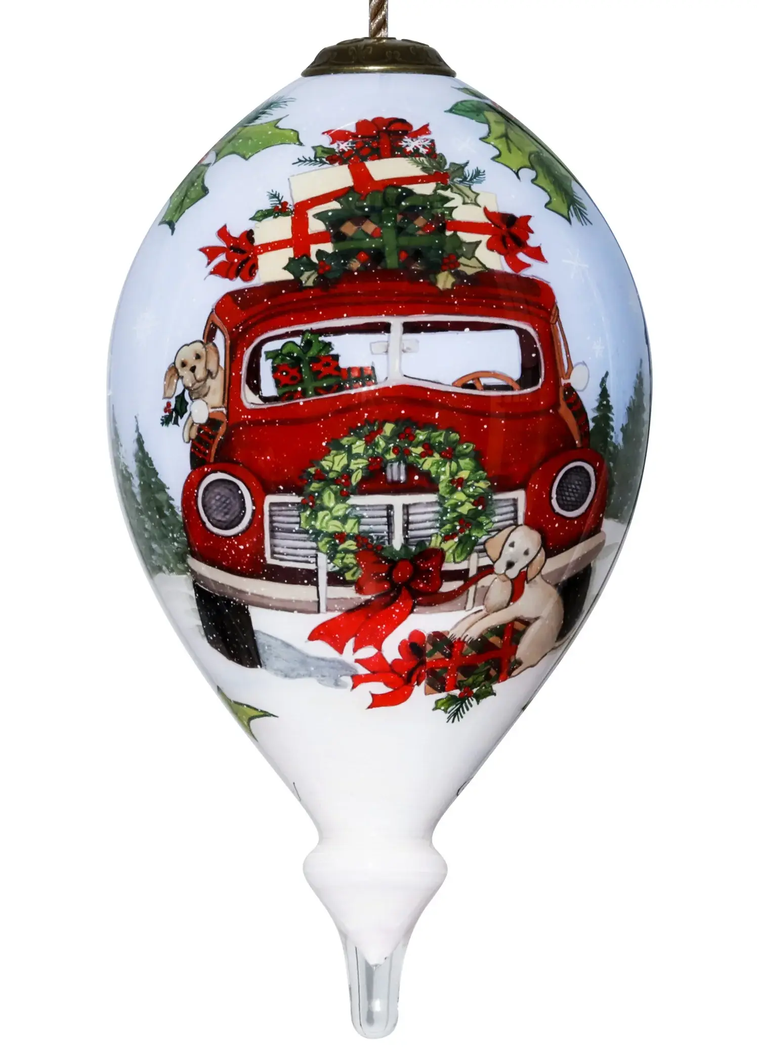 Puppy and Red Truck Christmas Wreath Hand Painted Mouth Blown Glass Ornament - Image 2