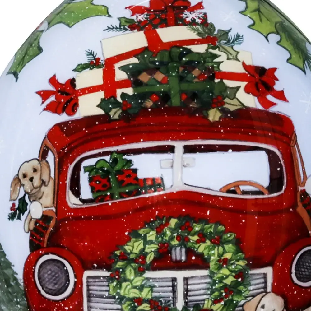 Puppy and Red Truck Christmas Wreath Hand Painted Mouth Blown Glass Ornament - Image 3